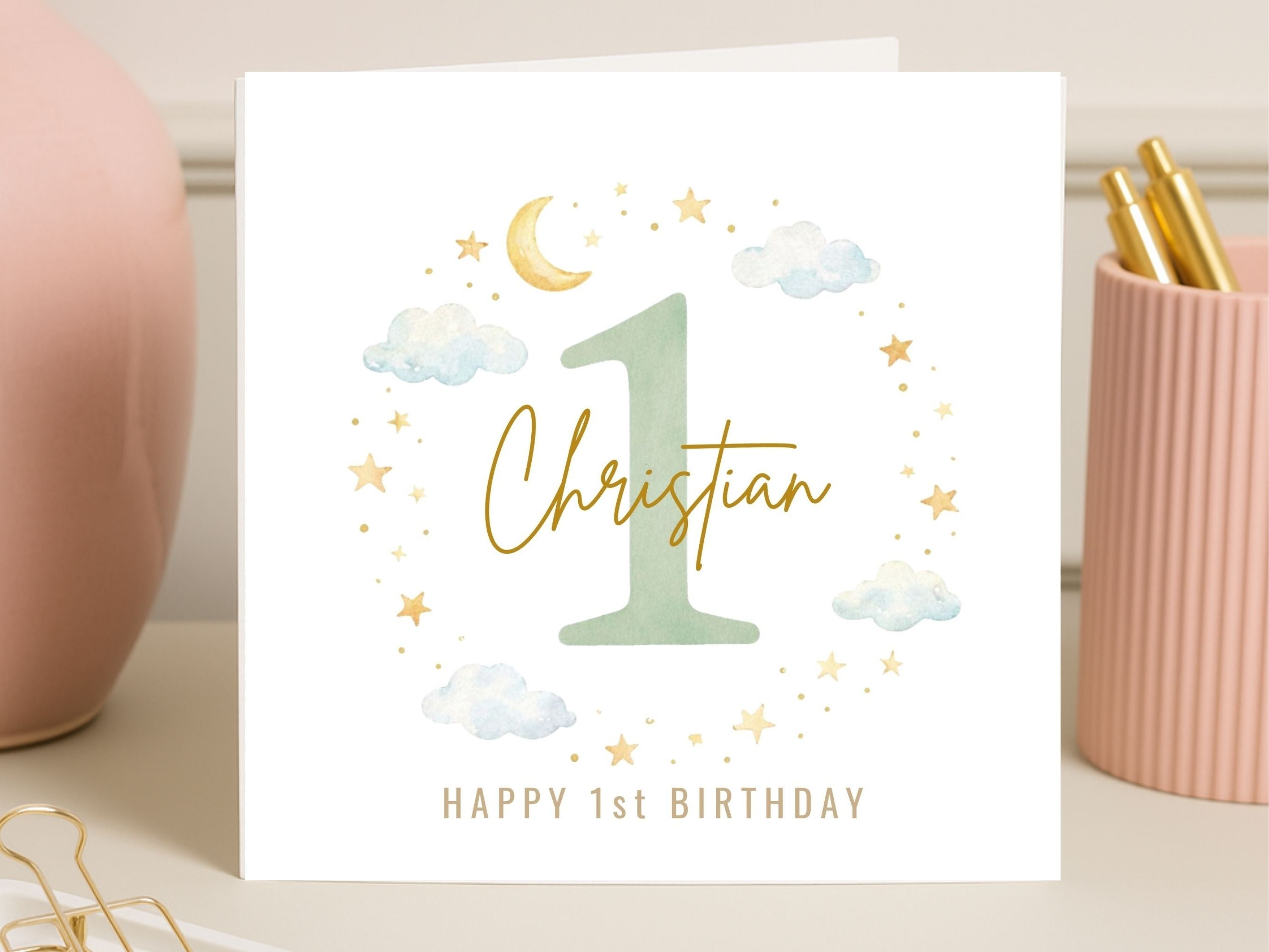 Personalised 1st Birthday Card Boy, Custom Name First Birthday Card, Cute Moon Stars Baby Card, 1 Year Old Birthday Card UK