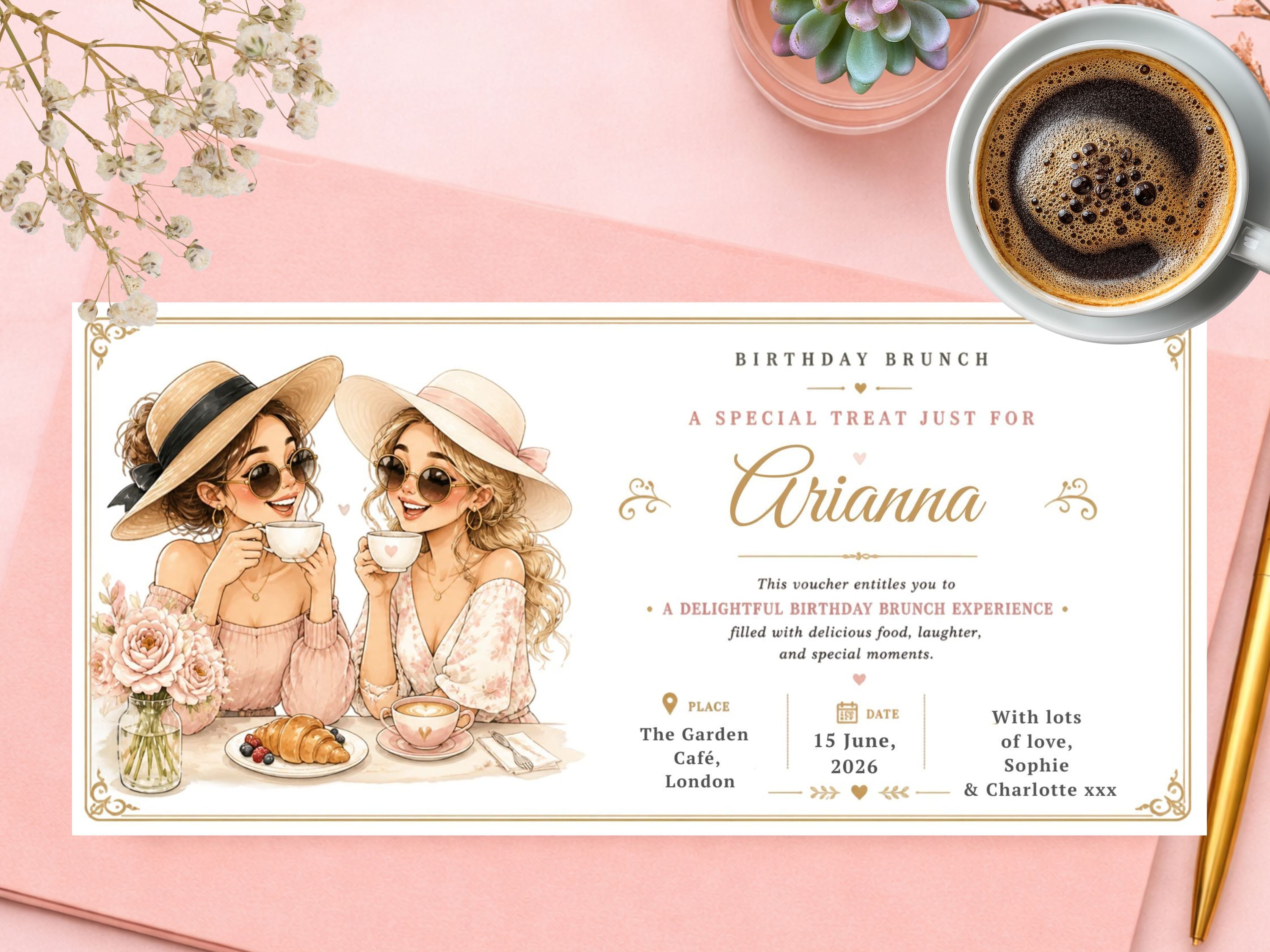 Personalised Birthday Brunch Voucher Card – Girls Café Illustration Invitation