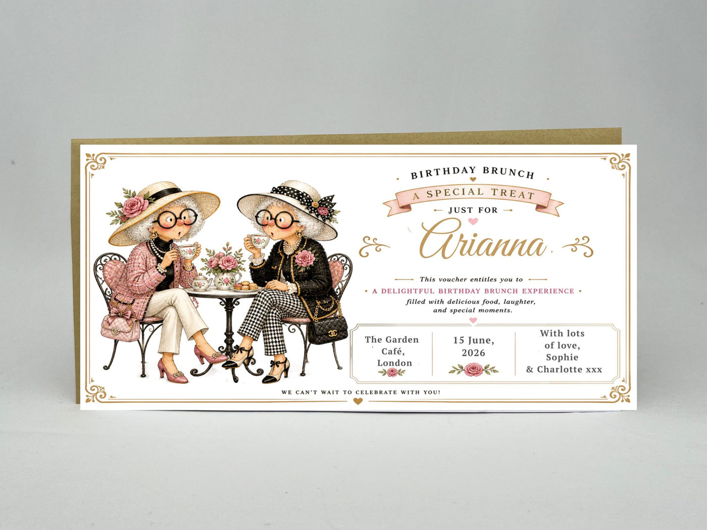 Personalised Birthday Brunch Voucher Card – Vintage Ladies Tea Party Design