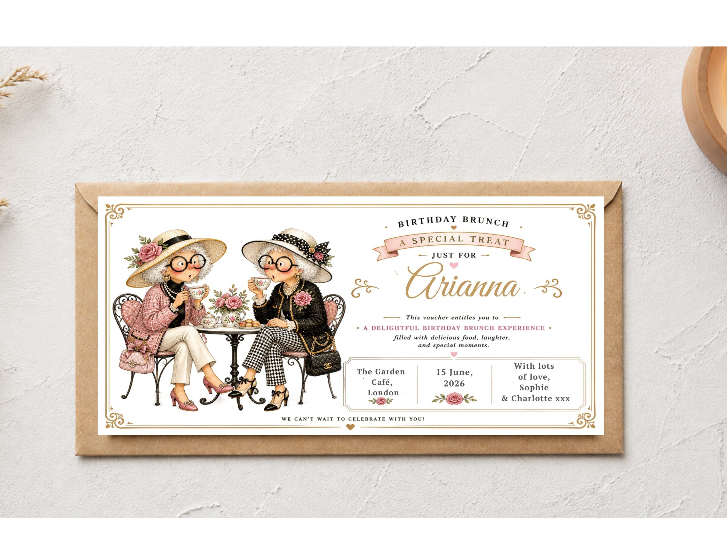 Personalised Birthday Brunch Voucher Card – Vintage Ladies Tea Party Design