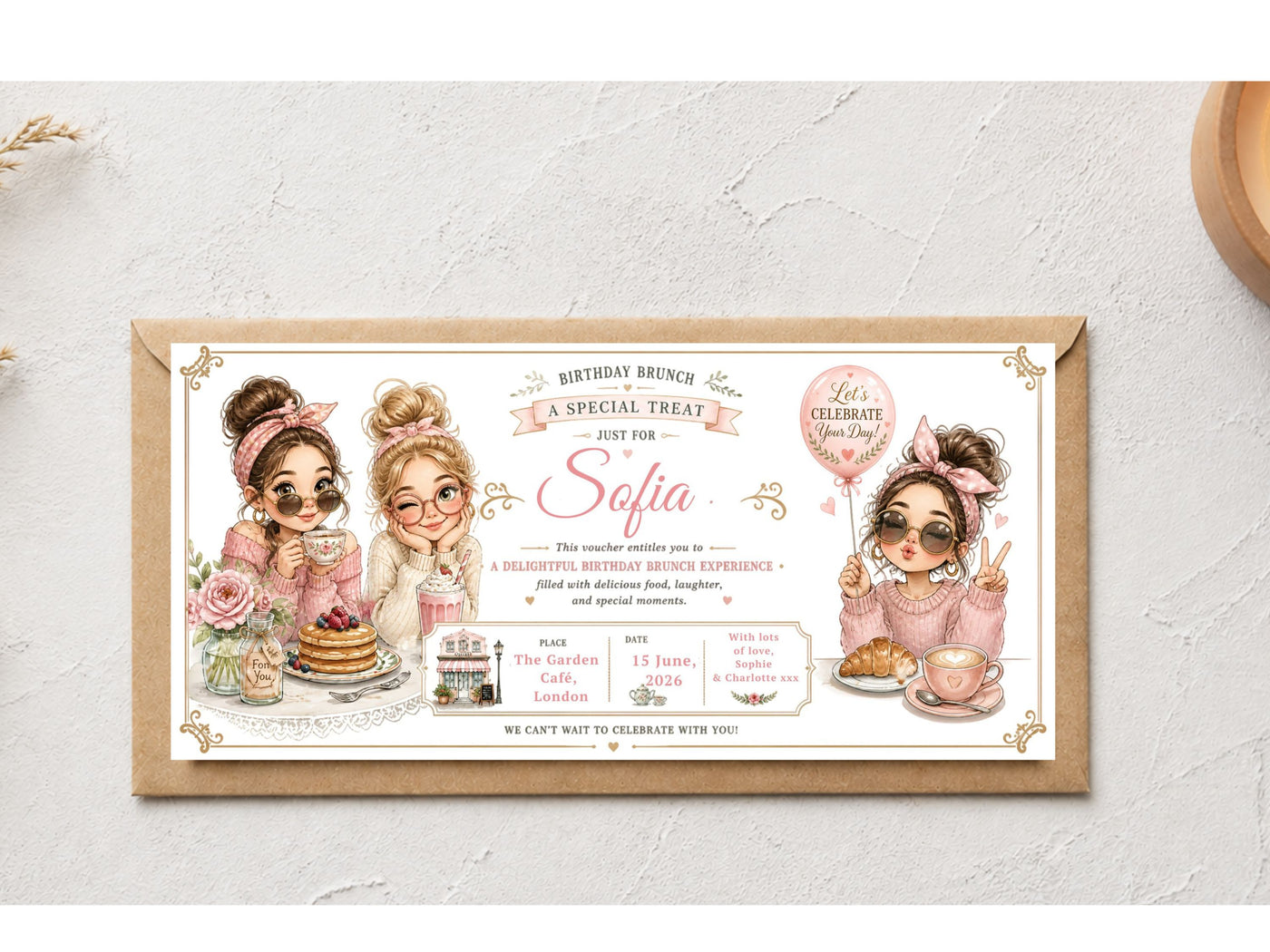 Personalised Birthday Brunch Voucher Card – Cute Girls Brunch Invitation