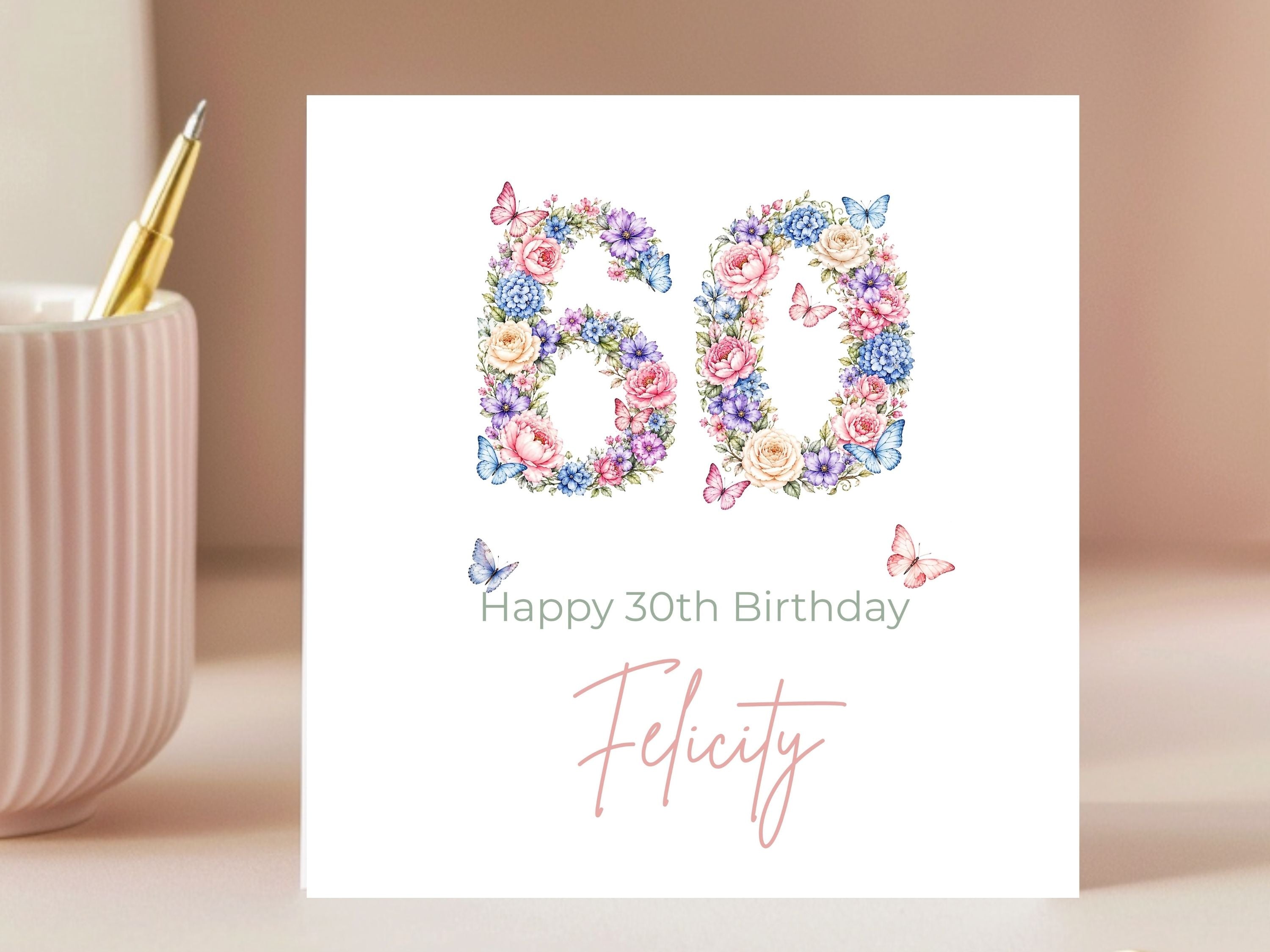Personalised 60th Birthday Card for Her – Floral Number 60 with Butterflies, Custom Name Elegant Card