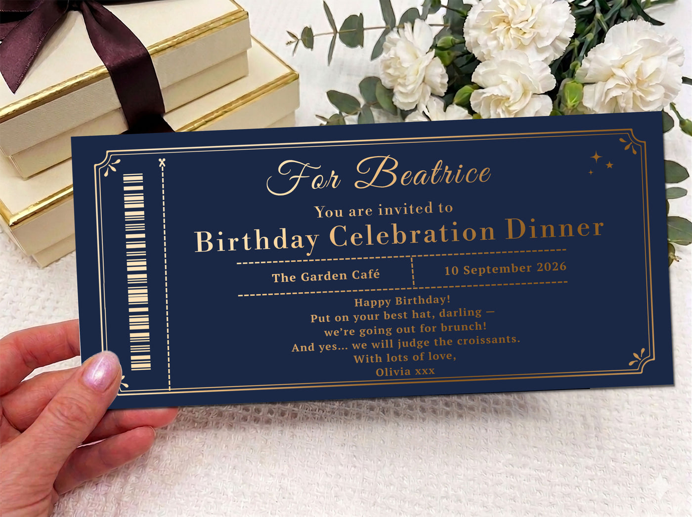 Personalised Birthday Dinner Voucher Card – Luxury Black Gold Printed Invitation UK