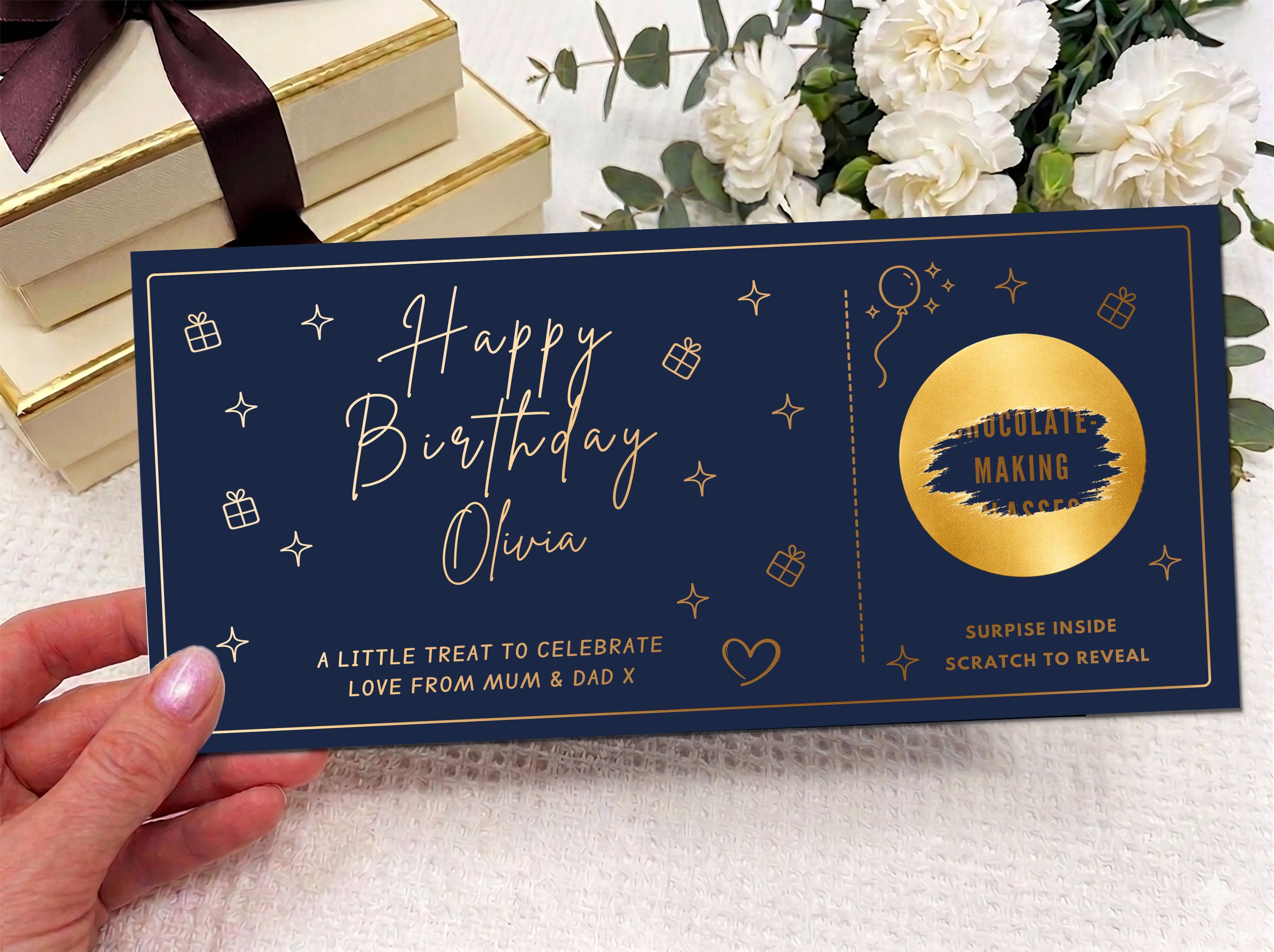 Personalised Birthday Gift Scratch Card - Gold Icons Surprise Reveal Ticket for Any Experience
