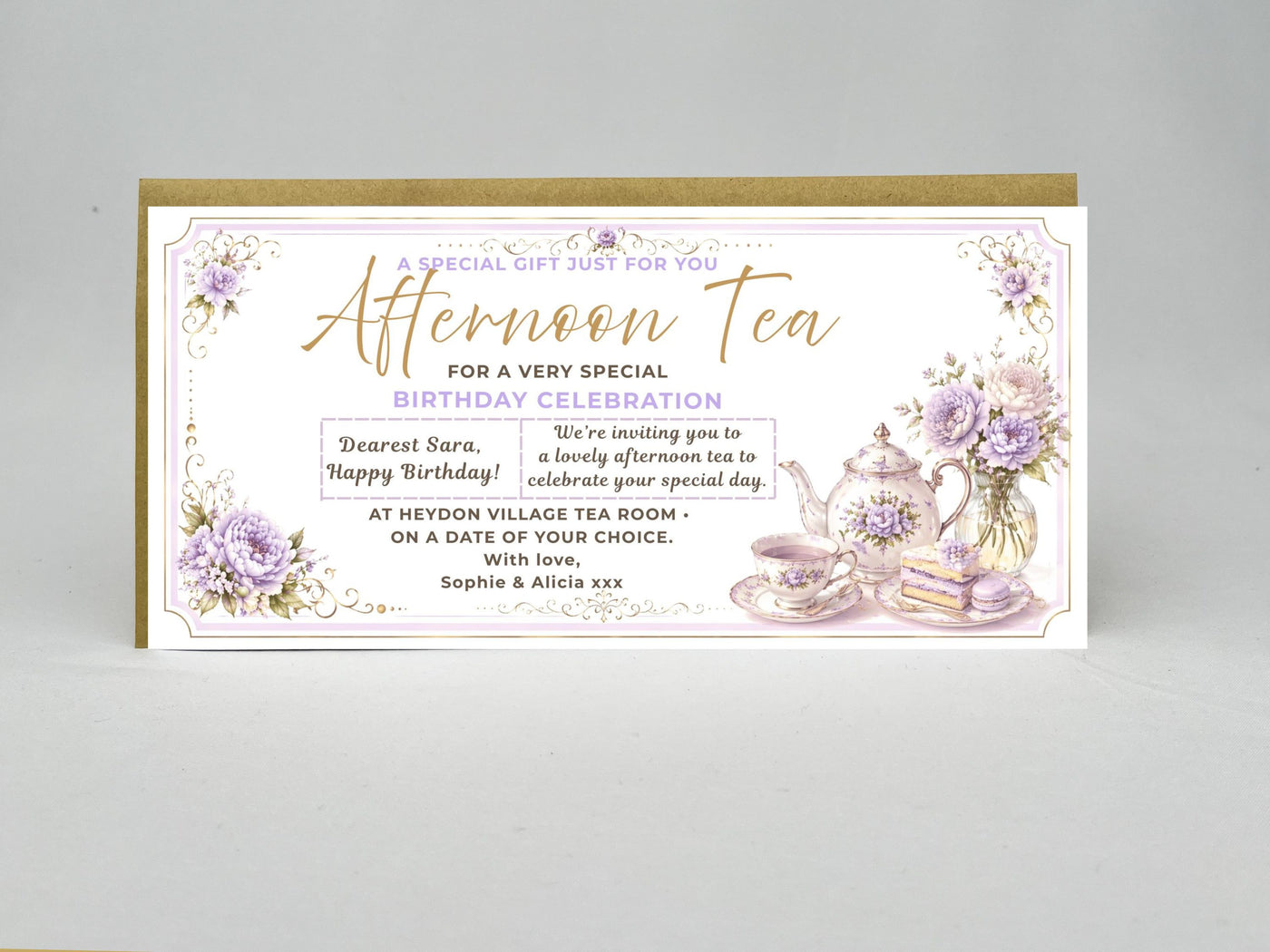 Personalised Afternoon Tea Birthday Voucher Card – Floral Design (Physical Card)