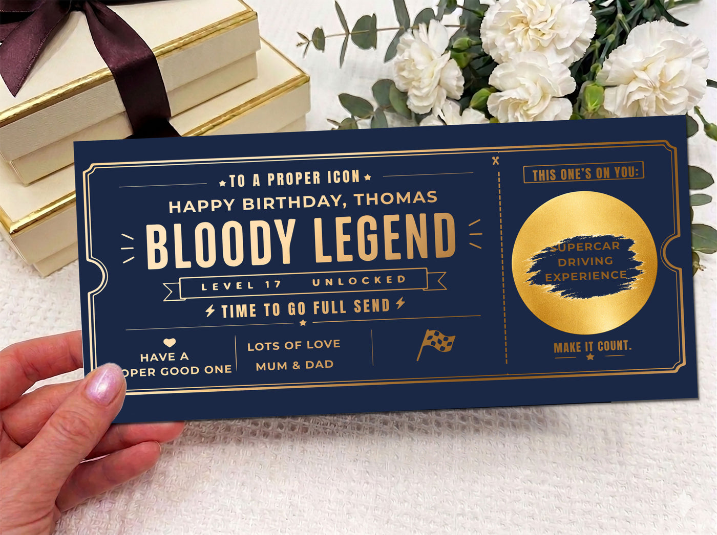 Personalised “Bloody Legend” Supercar Experience Voucher Card (Physical Gift)