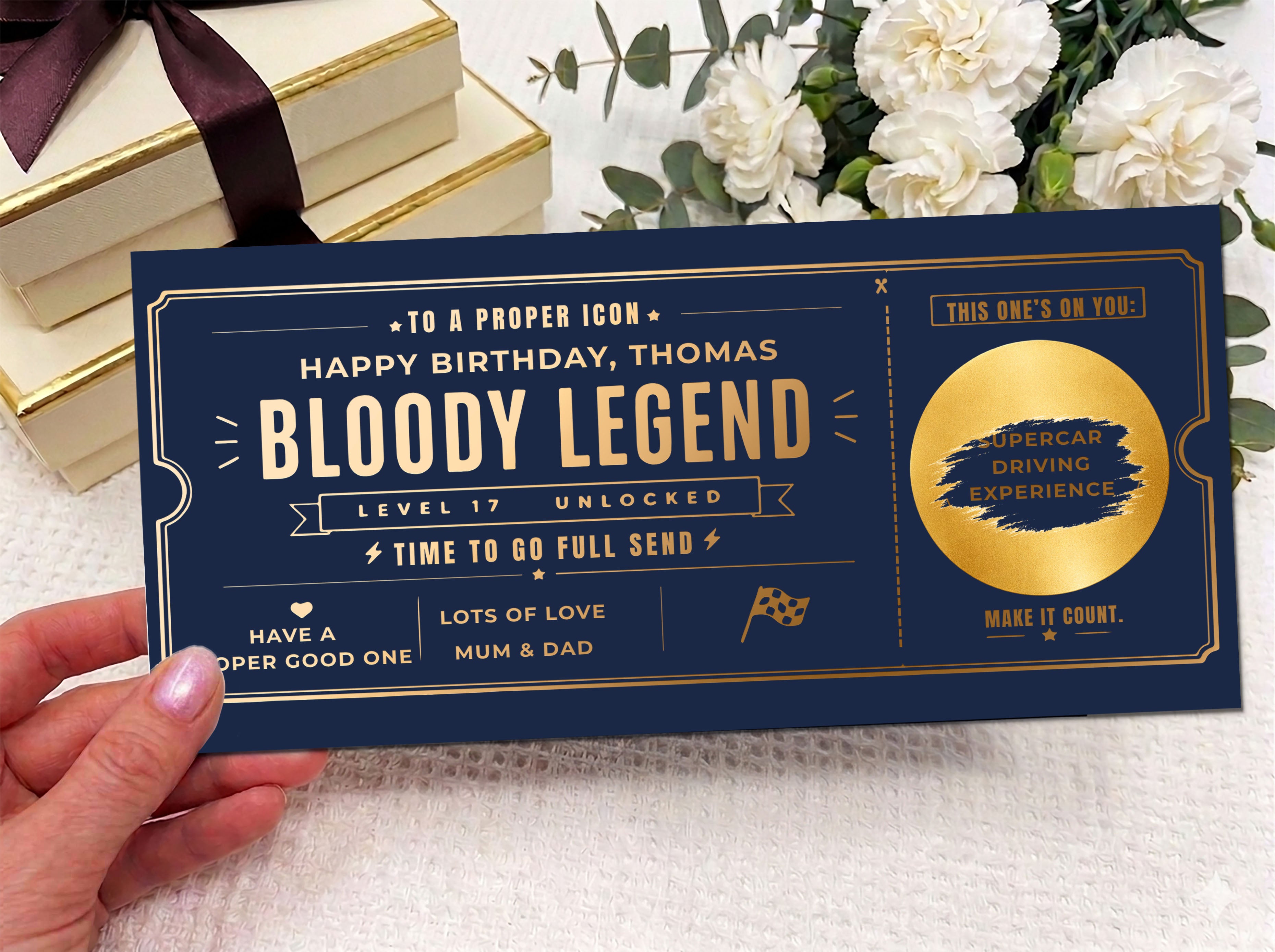 Personalised “Bloody Legend” Supercar Experience Voucher Card (Physical Gift)