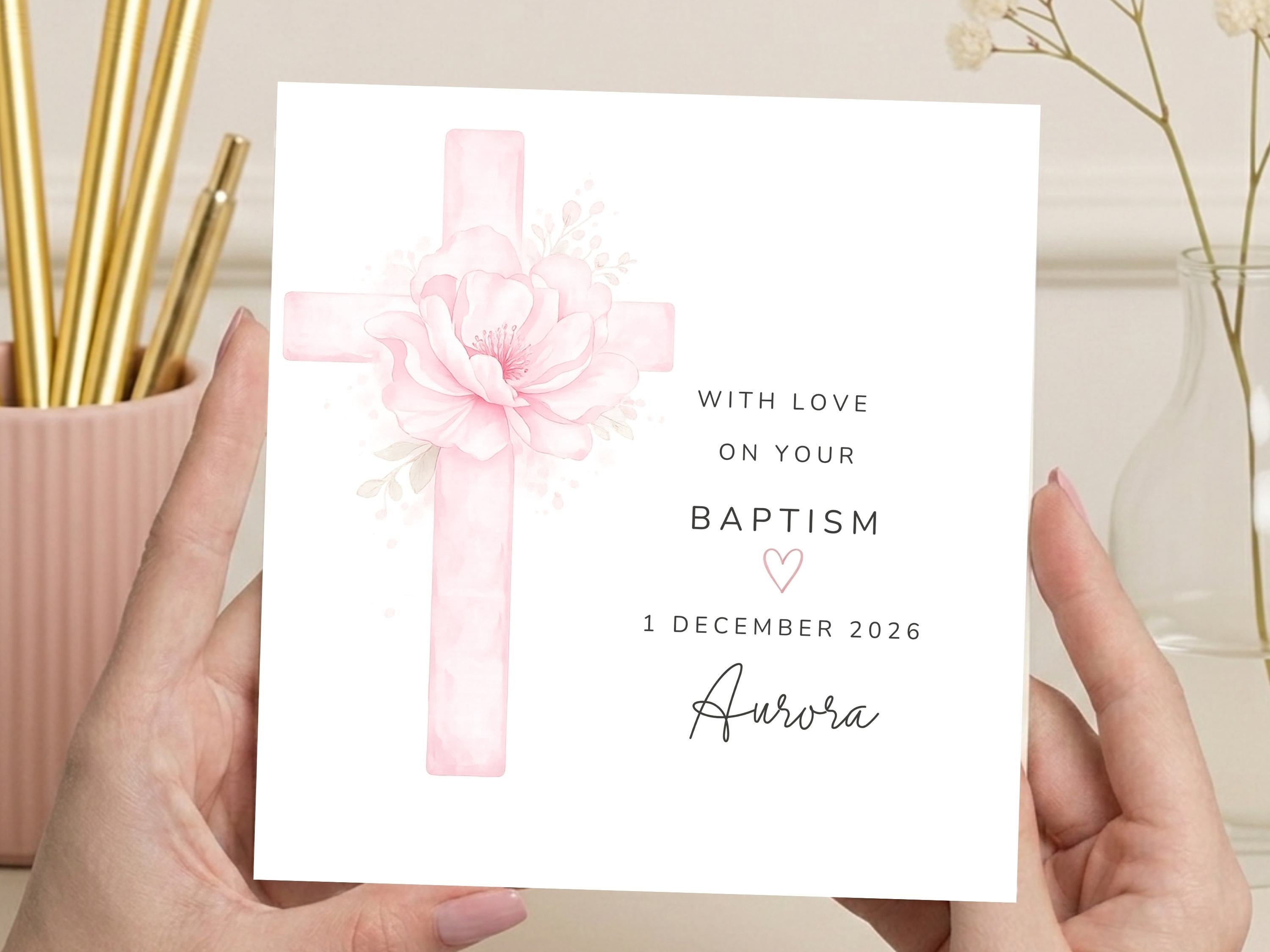 Personalised Floral Cross Baptism Card - Custom Name & Date Christening Keepsake