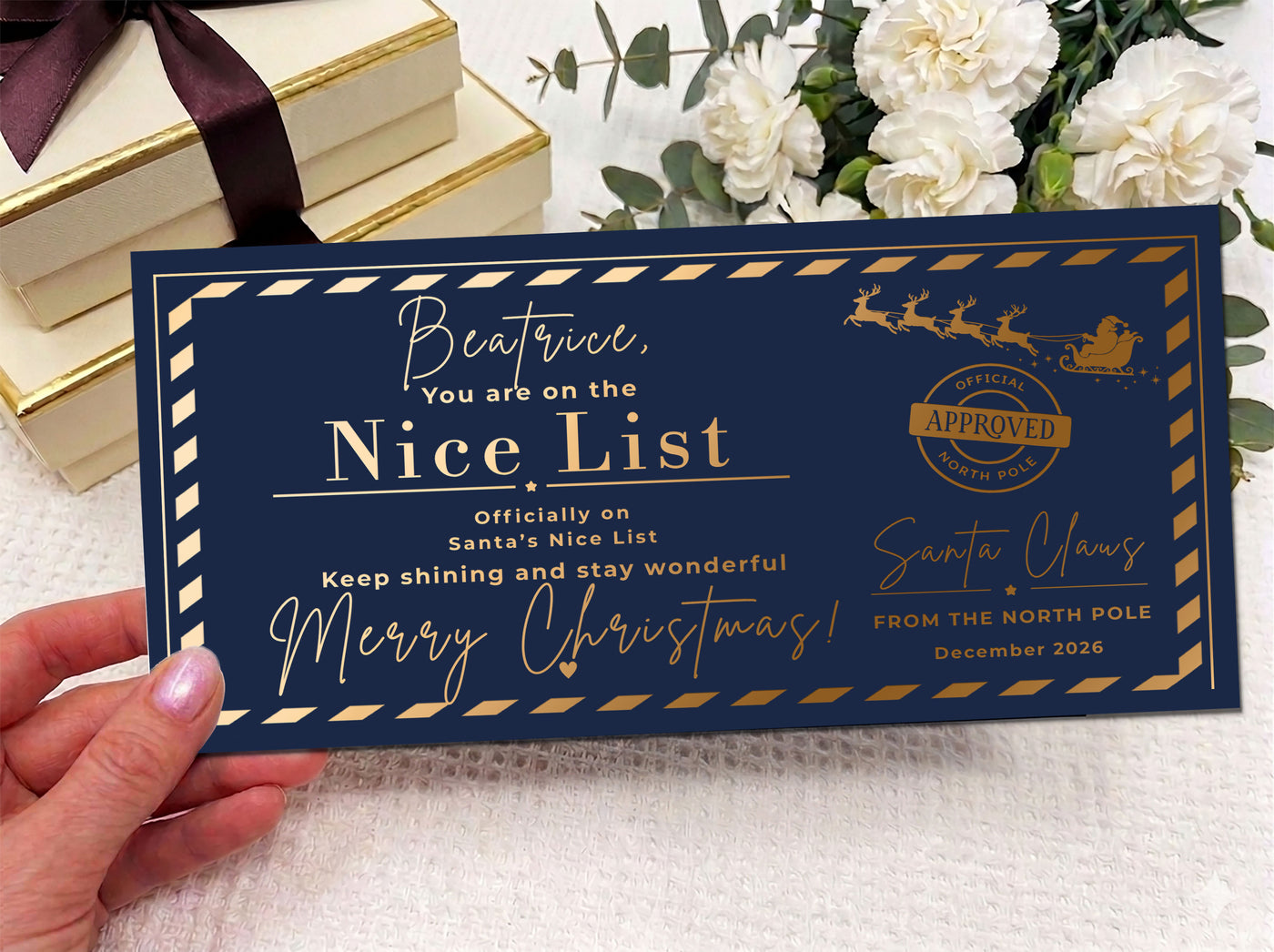 Personalised Santa Boarding Pass – Luxury Christmas Voucher, Custom North Pole Travel Ticket (Physical Card)