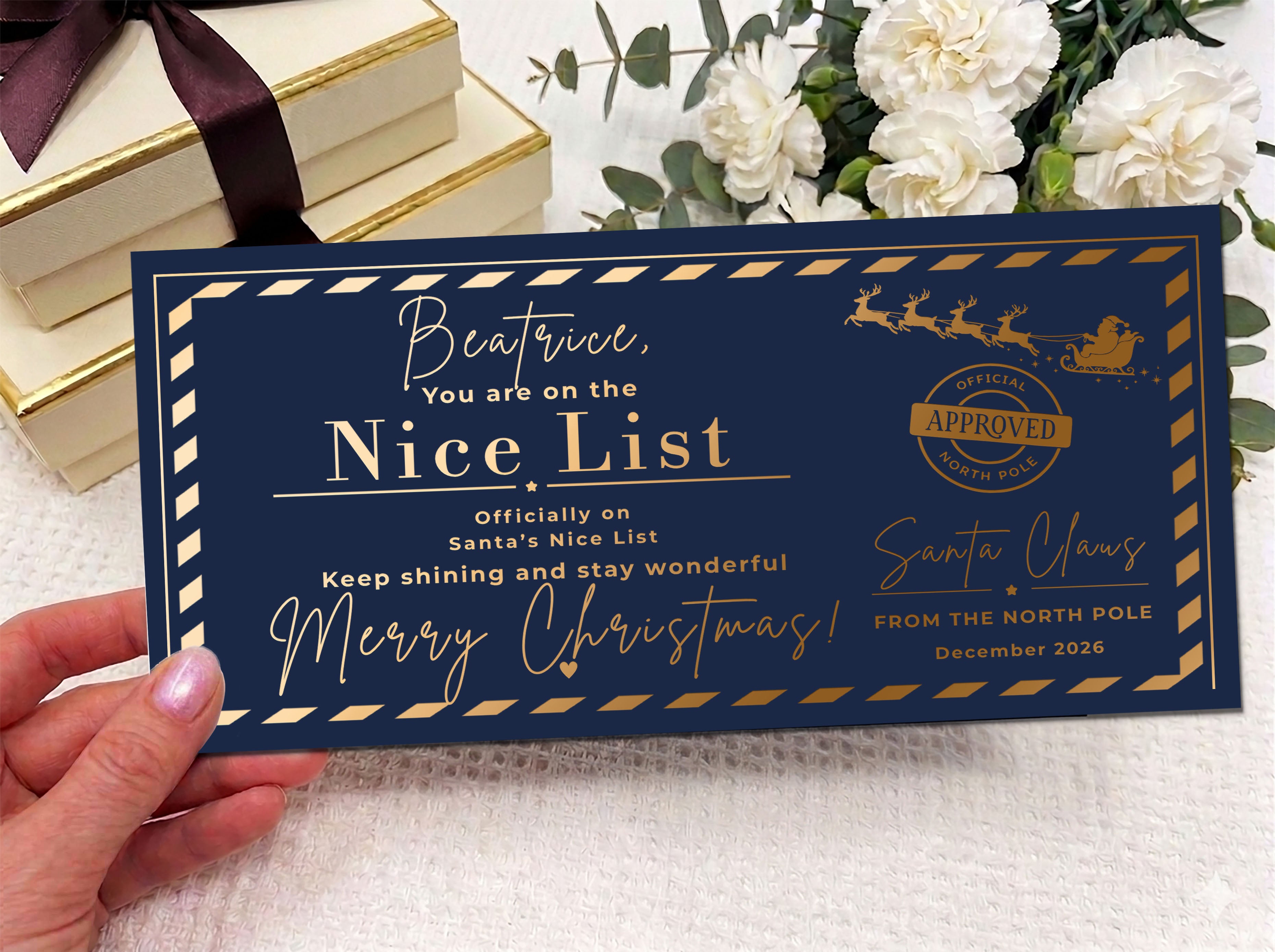 Personalised Santa Boarding Pass – Luxury Christmas Voucher, Custom North Pole Travel Ticket (Physical Card)