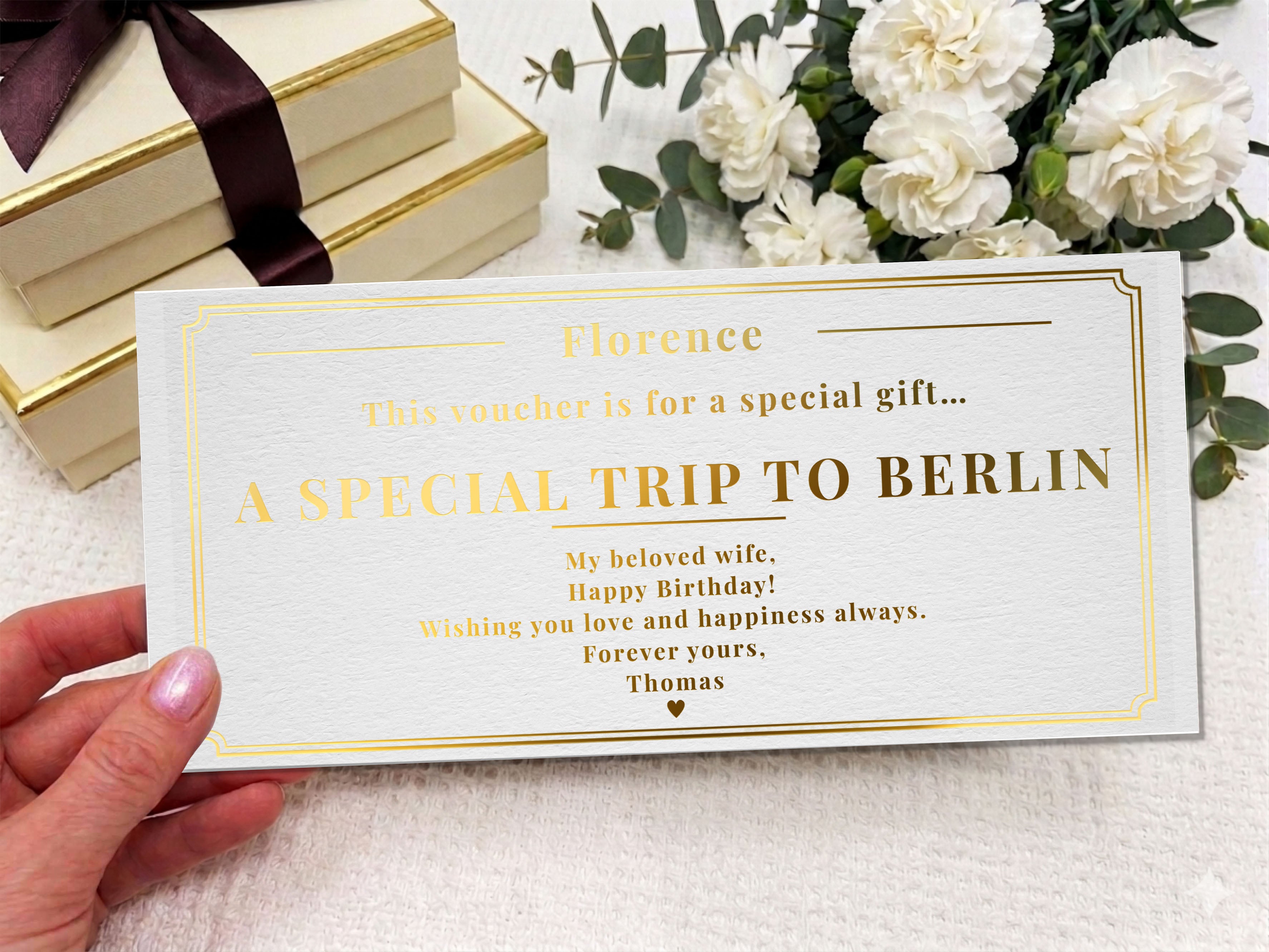 Personalised Trip Reveal Gift Card – Luxury Gold Foil Voucher, Custom Travel Surprise (Physical Card)