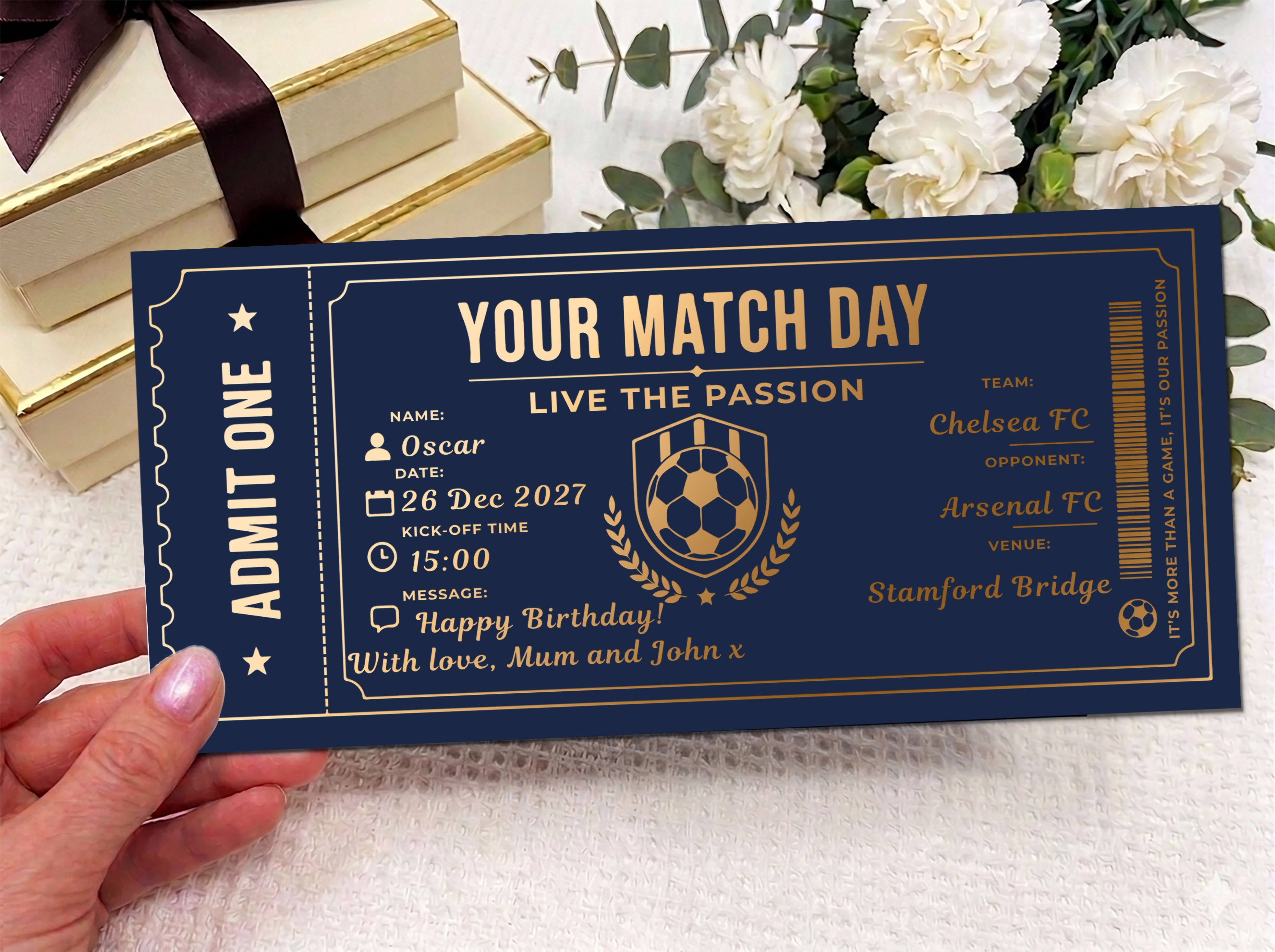 Personalised Football Match Day Ticket Voucher (Physical Gift Card)