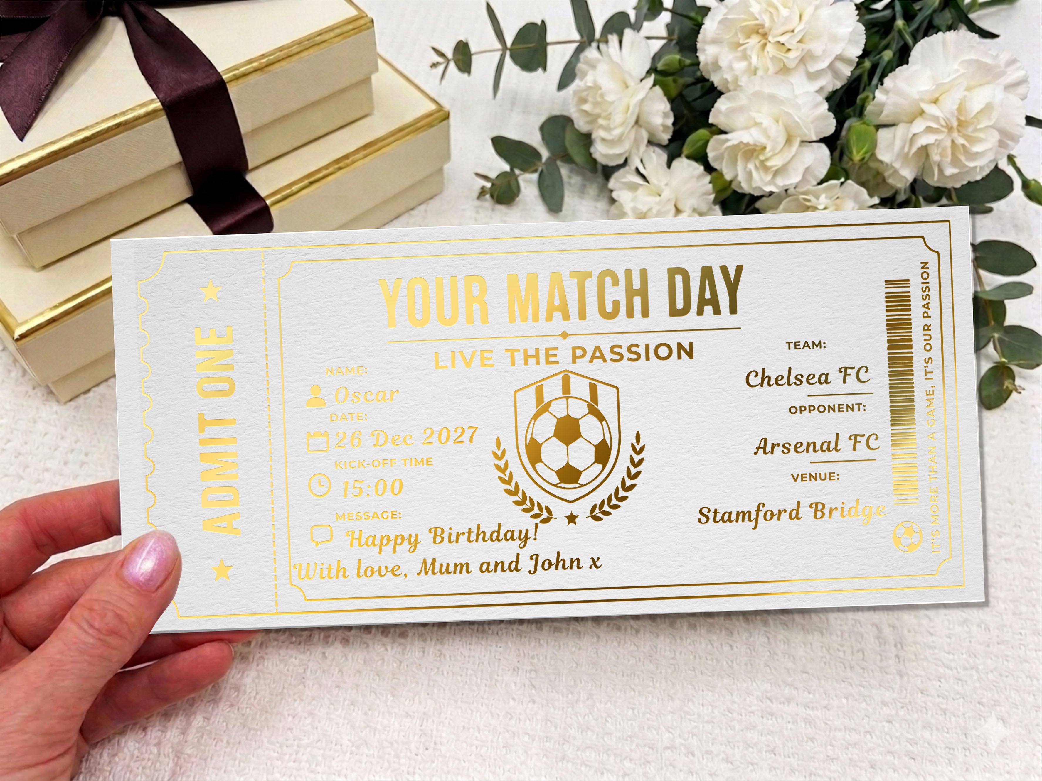 Personalised Football Match Day Ticket Voucher (Physical Gift Card)