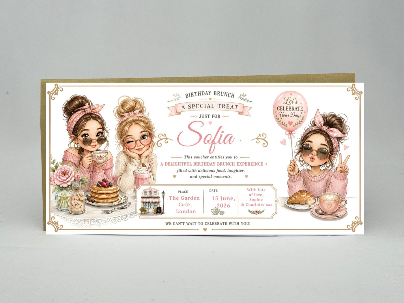 Personalised Birthday Brunch Voucher Card – Cute Girls Brunch Invitation