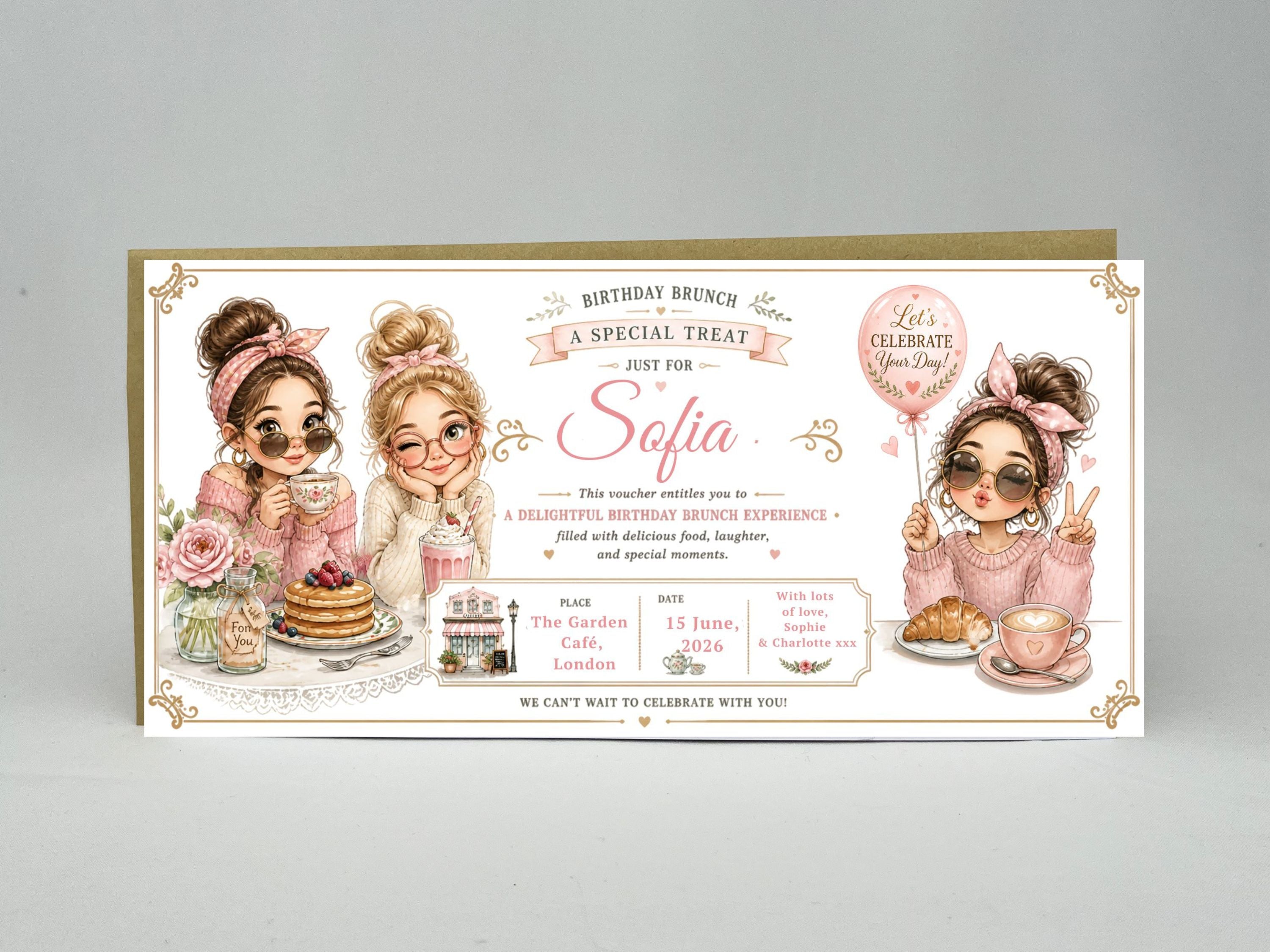 Personalised Birthday Brunch Voucher Card – Cute Girls Brunch Invitation