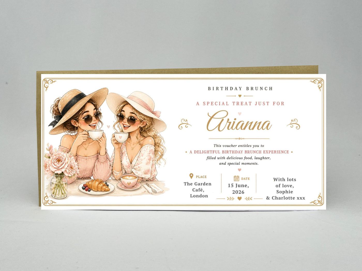 Personalised Birthday Brunch Voucher Card – Girls Café Illustration Invitation