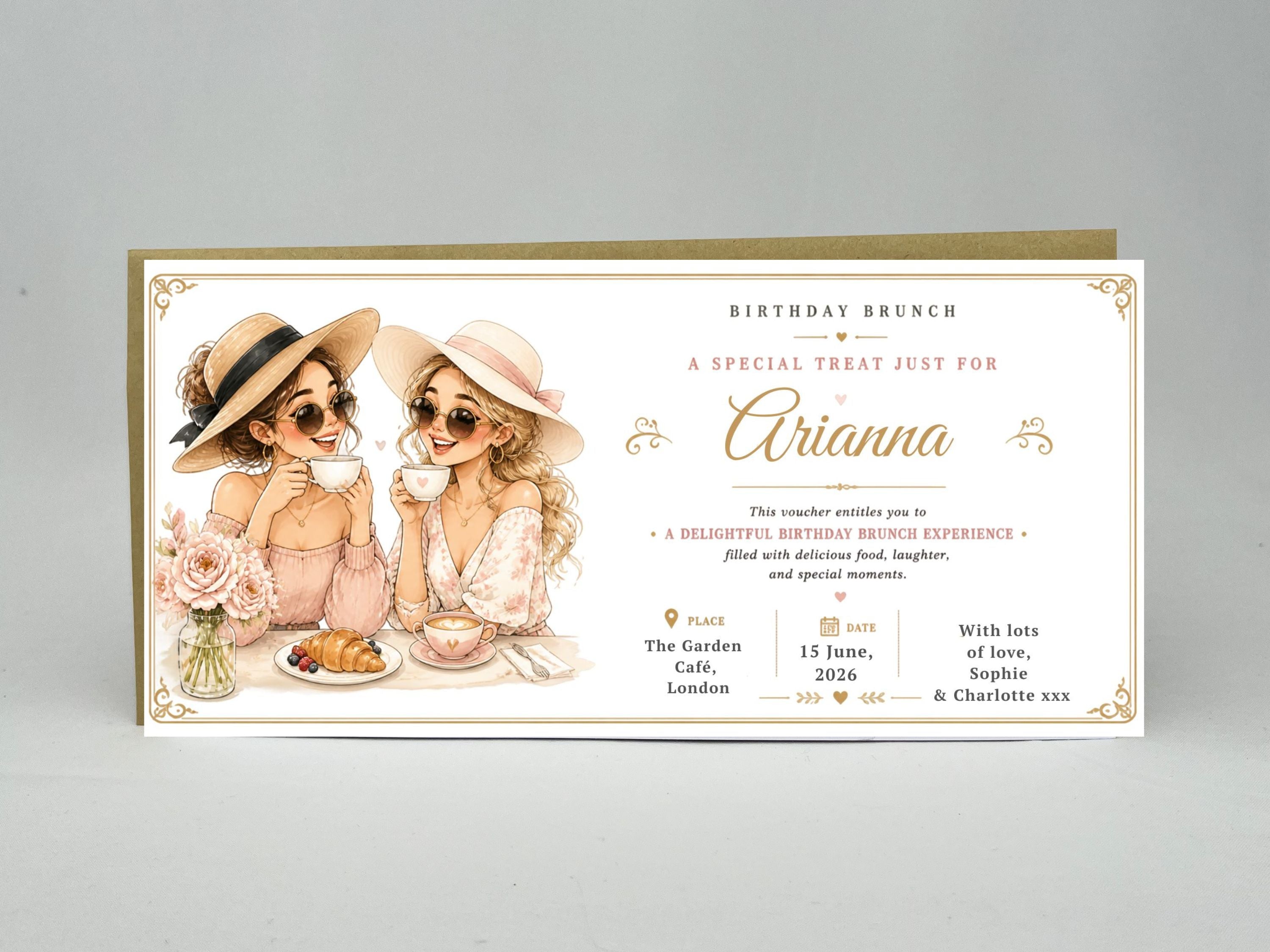 Personalised Birthday Brunch Voucher Card – Girls Café Illustration Invitation