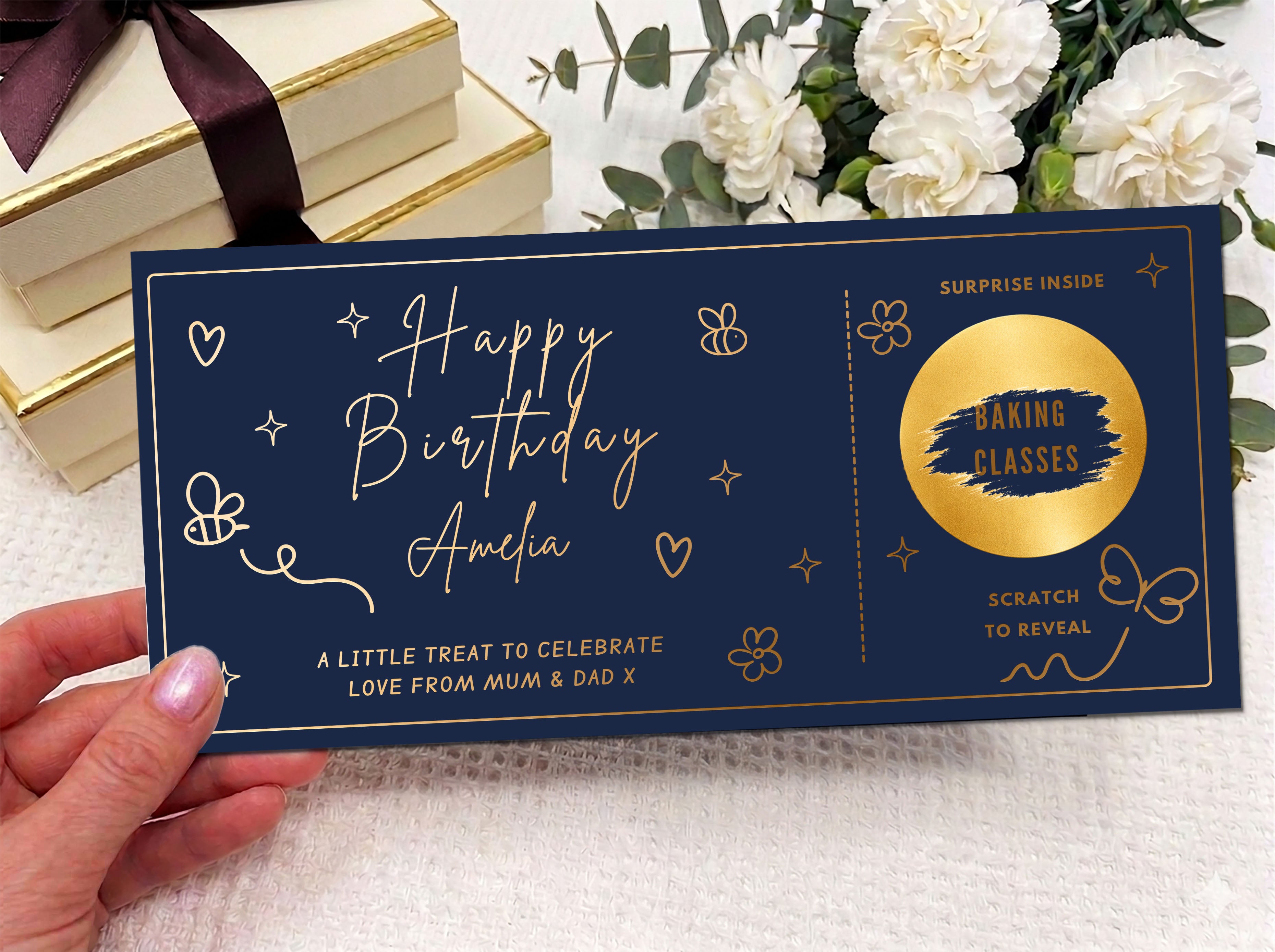 Personalised Golden Nature Scratch Card - Bees and Butterflies Surprise Experience Voucher