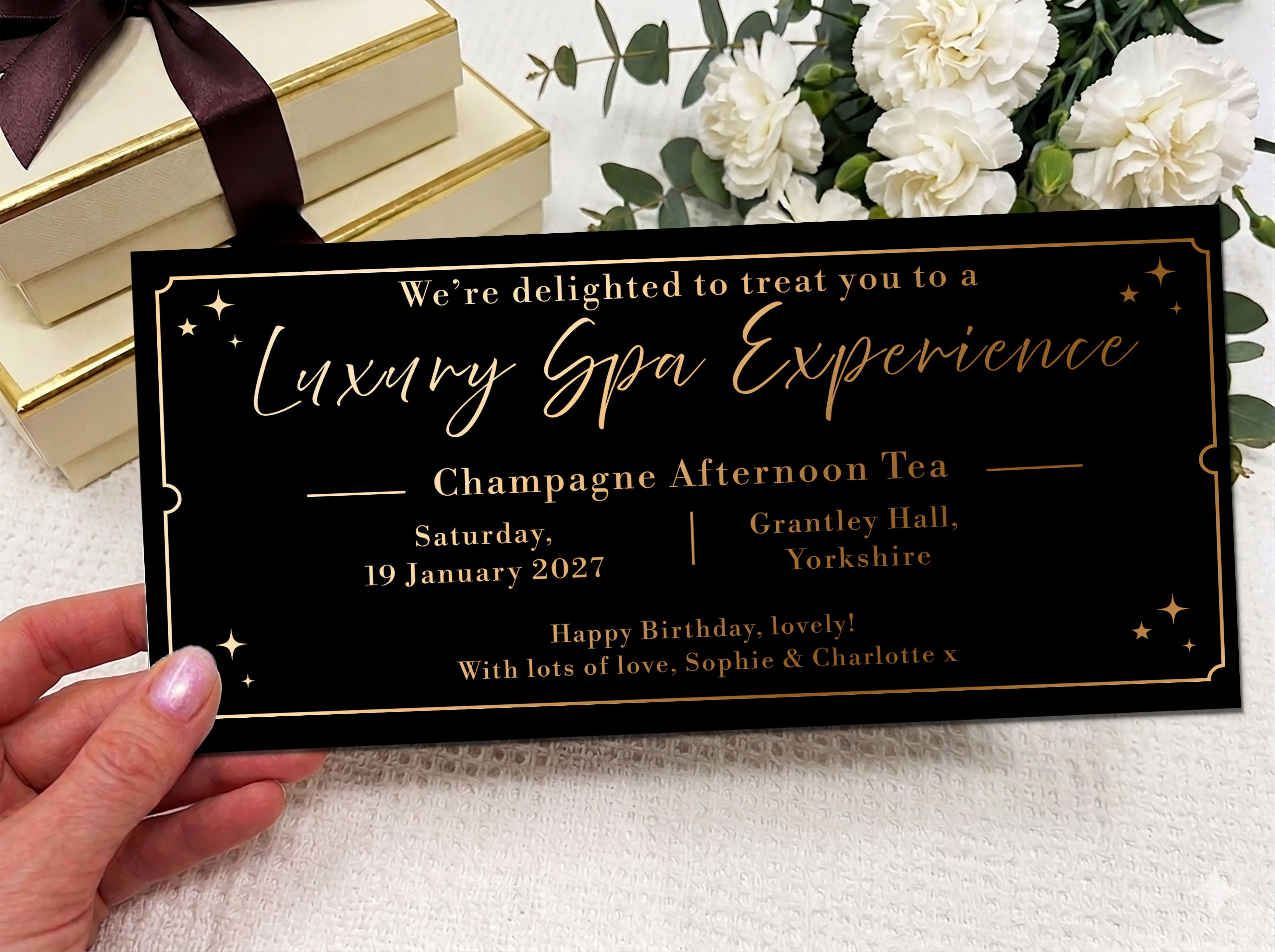 Luxury Spa Experience Gift Voucher, Personalised Afternoon Tea Invitation Card, Elegant Birthday Surprise Ticket UK