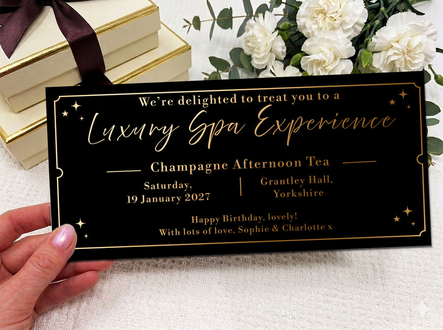Luxury Spa Experience Gift Voucher, Personalised Afternoon Tea Invitation Card, Elegant Birthday Surprise Ticket UK