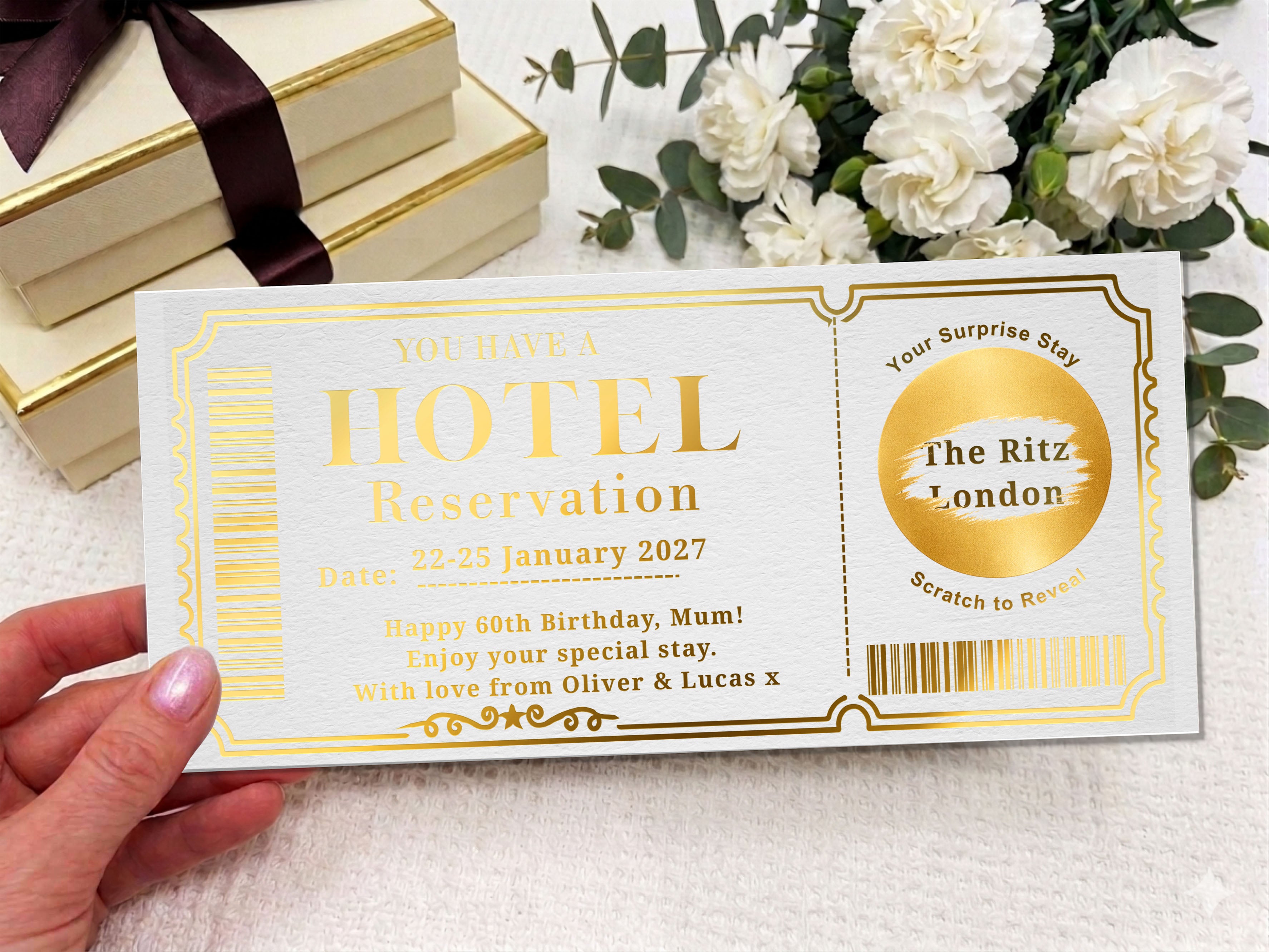 Personalised Hotel Stay Surprise Card, Scratch Off Travel Reveal Voucher, Luxury Birthday or Anniversary Gift