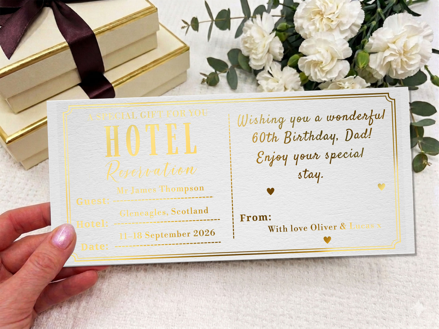Personalised Hotel Stay Reservation Card, Luxury Travel Gift Voucher, Birthday or Anniversary Surprise