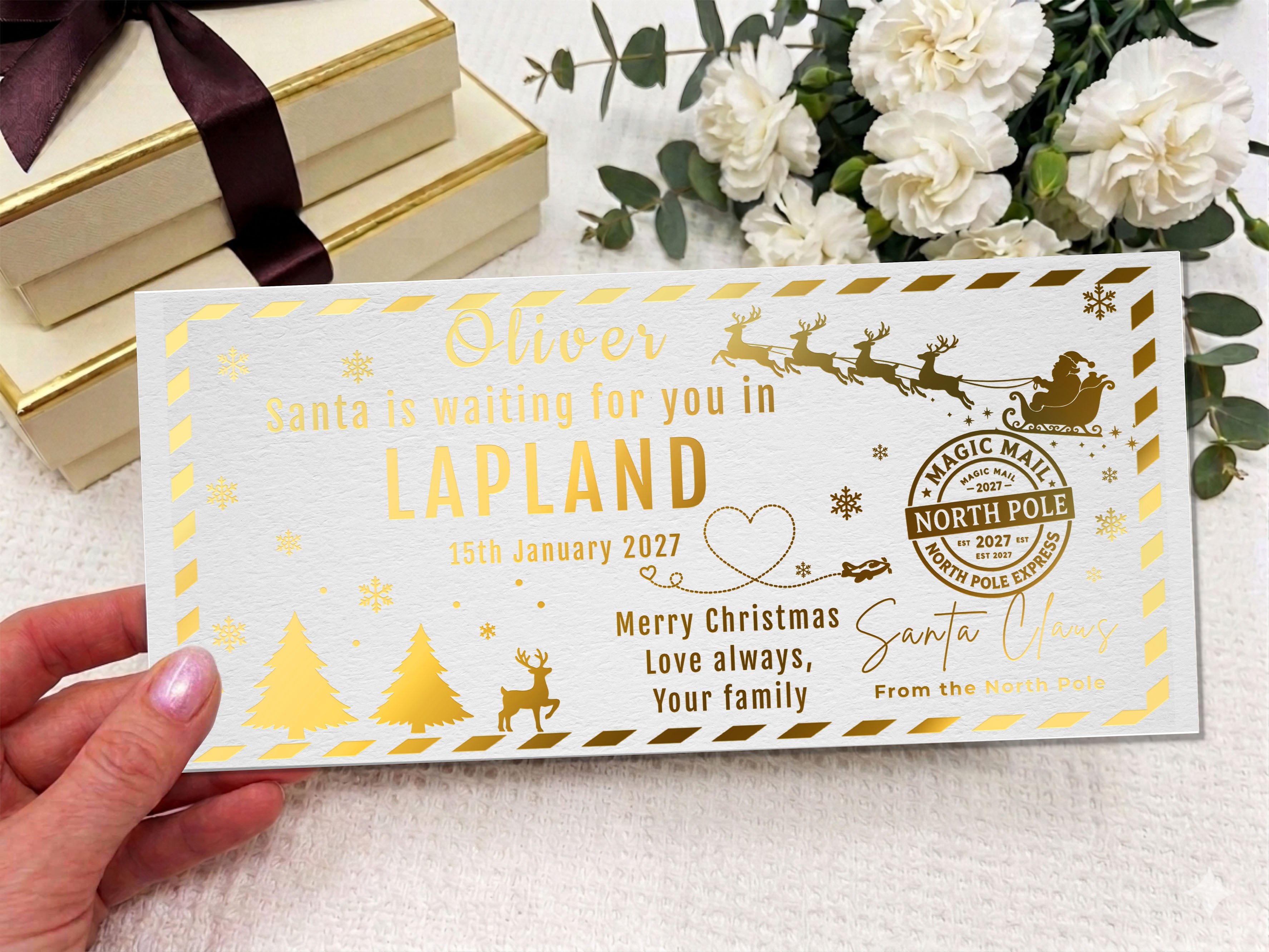 Personalised Lapland Boarding Pass – Santa Christmas Voucher, Custom Travel Ticket (Physical Card)
