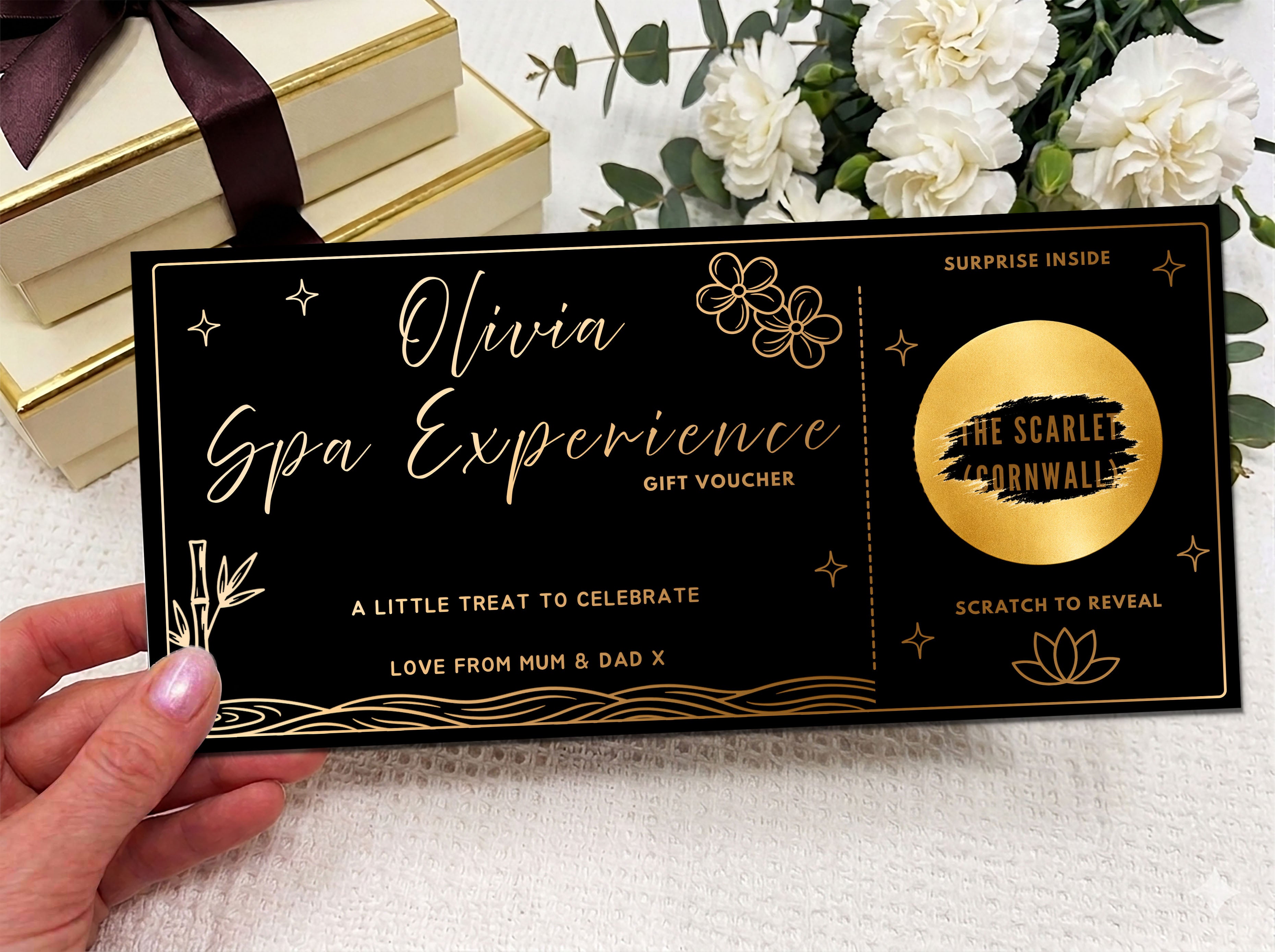 Personalised Minimalist Spa Scratch Card - Gold Line Art Wellness Reveal Voucher