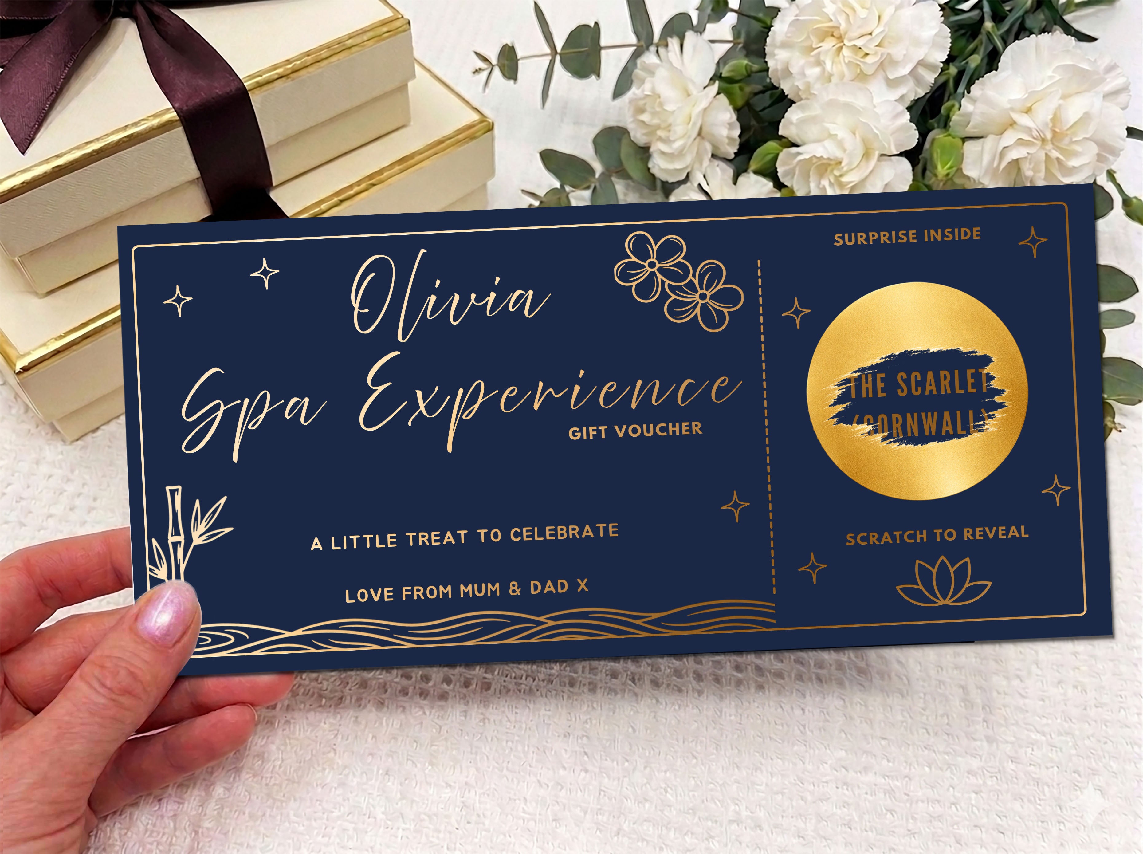 Personalised Minimalist Spa Scratch Card - Gold Line Art Wellness Reveal Voucher