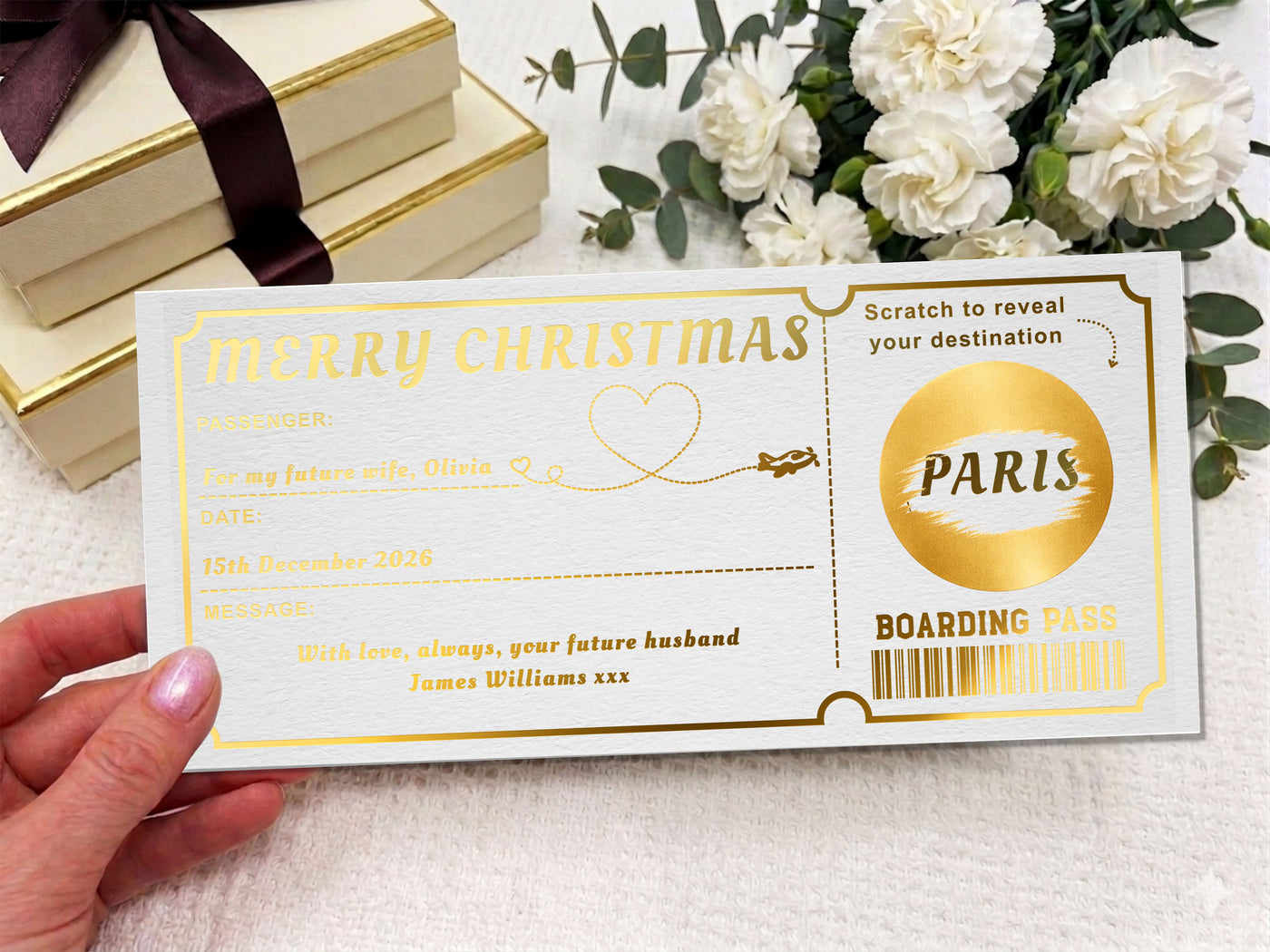 Personalised Paris Boarding Pass Gift – Luxury Scratch Reveal Travel Voucher