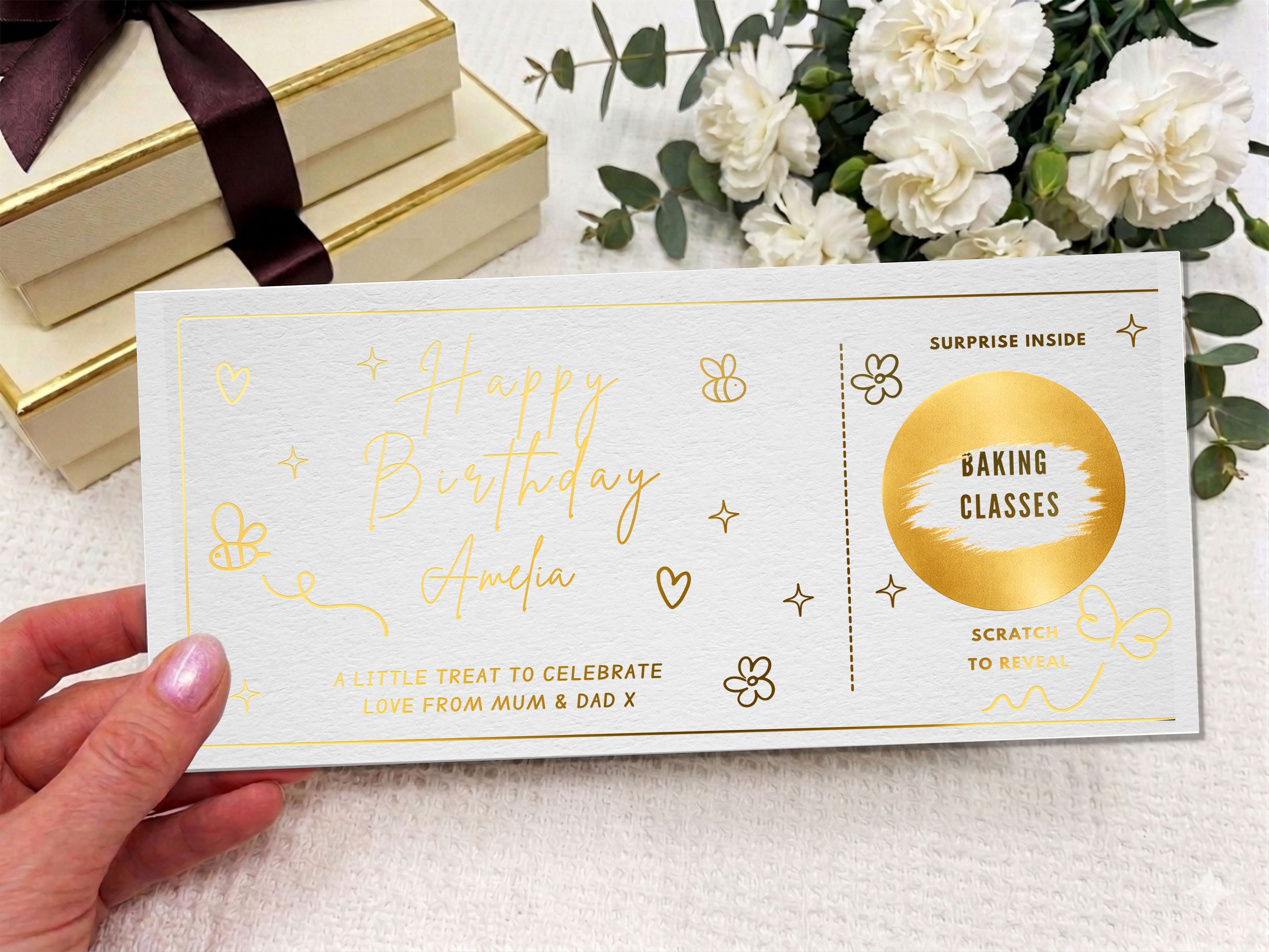 Personalised Golden Nature Scratch Card - Bees and Butterflies Surprise Experience Voucher