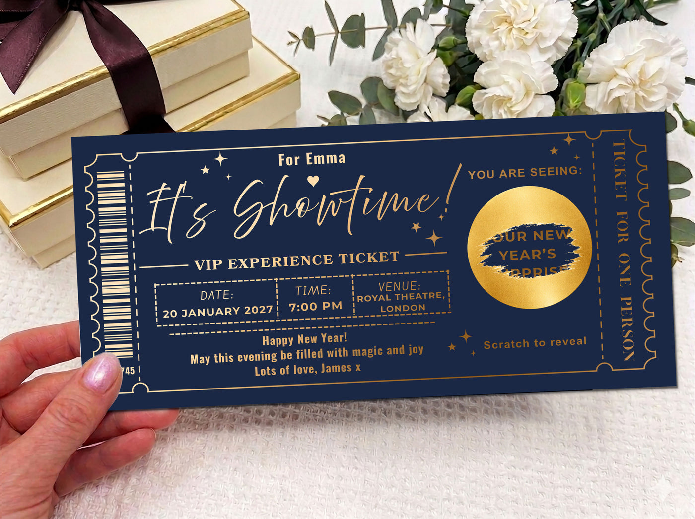 Personalised "It's Showtime" VIP Experience Ticket - Luxury Gold Scratch Reveal Event Voucher with Kraft Envelope