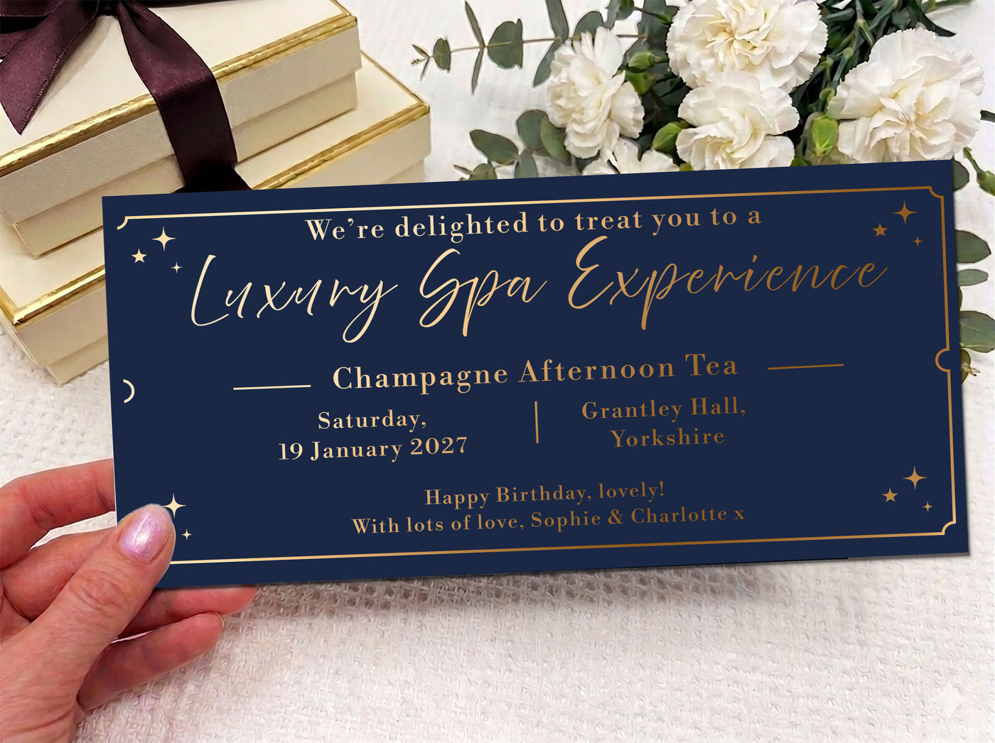 Luxury Spa Experience Gift Voucher, Personalised Afternoon Tea Invitation Card, Elegant Birthday Surprise Ticket UK