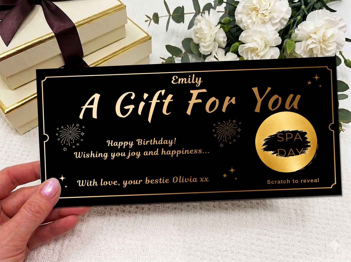 Personalised Spa Day Gift Voucher, Scratch Reveal Birthday Card, Luxury Experience Surprise Ticket UK