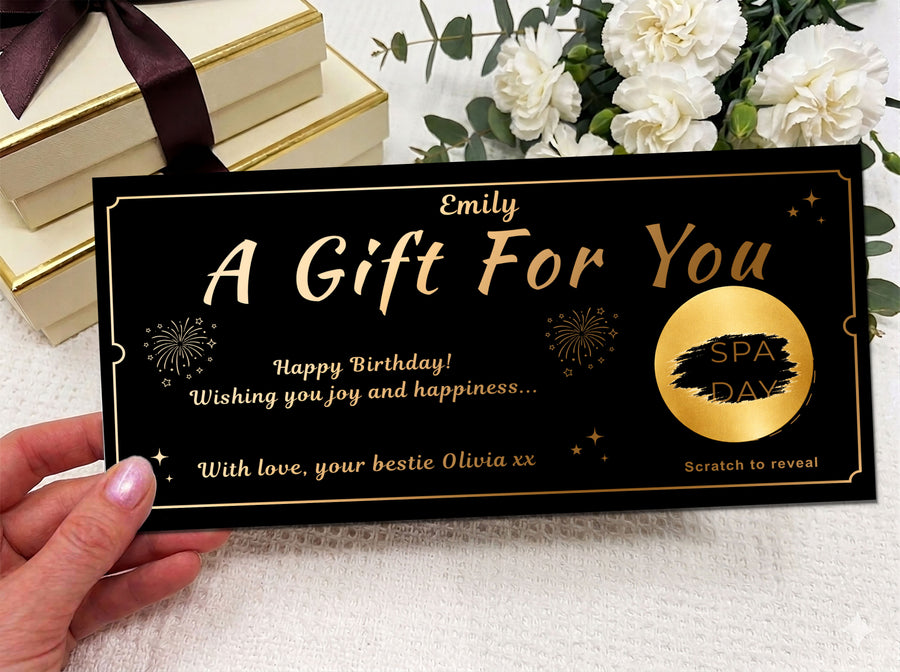 Personalised Spa Day Gift Voucher, Scratch Reveal Birthday Card, Luxury Experience Surprise Ticket UK