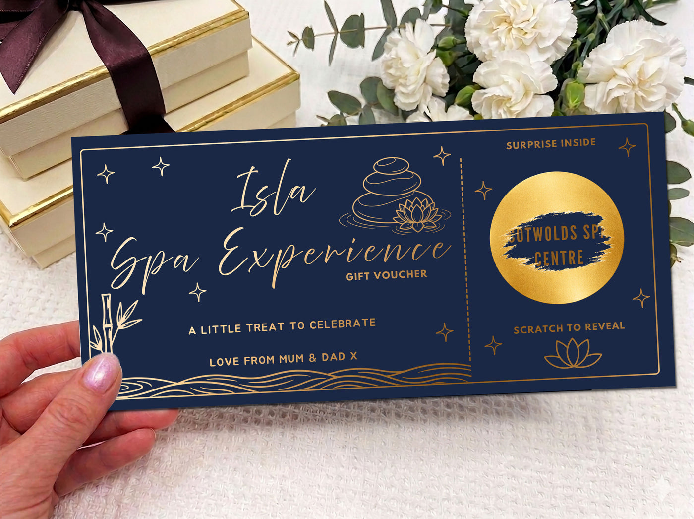 Personalised Spa & Wellness Gift Reveal Card - Luxury Gold Scratch-Off Experience Voucher