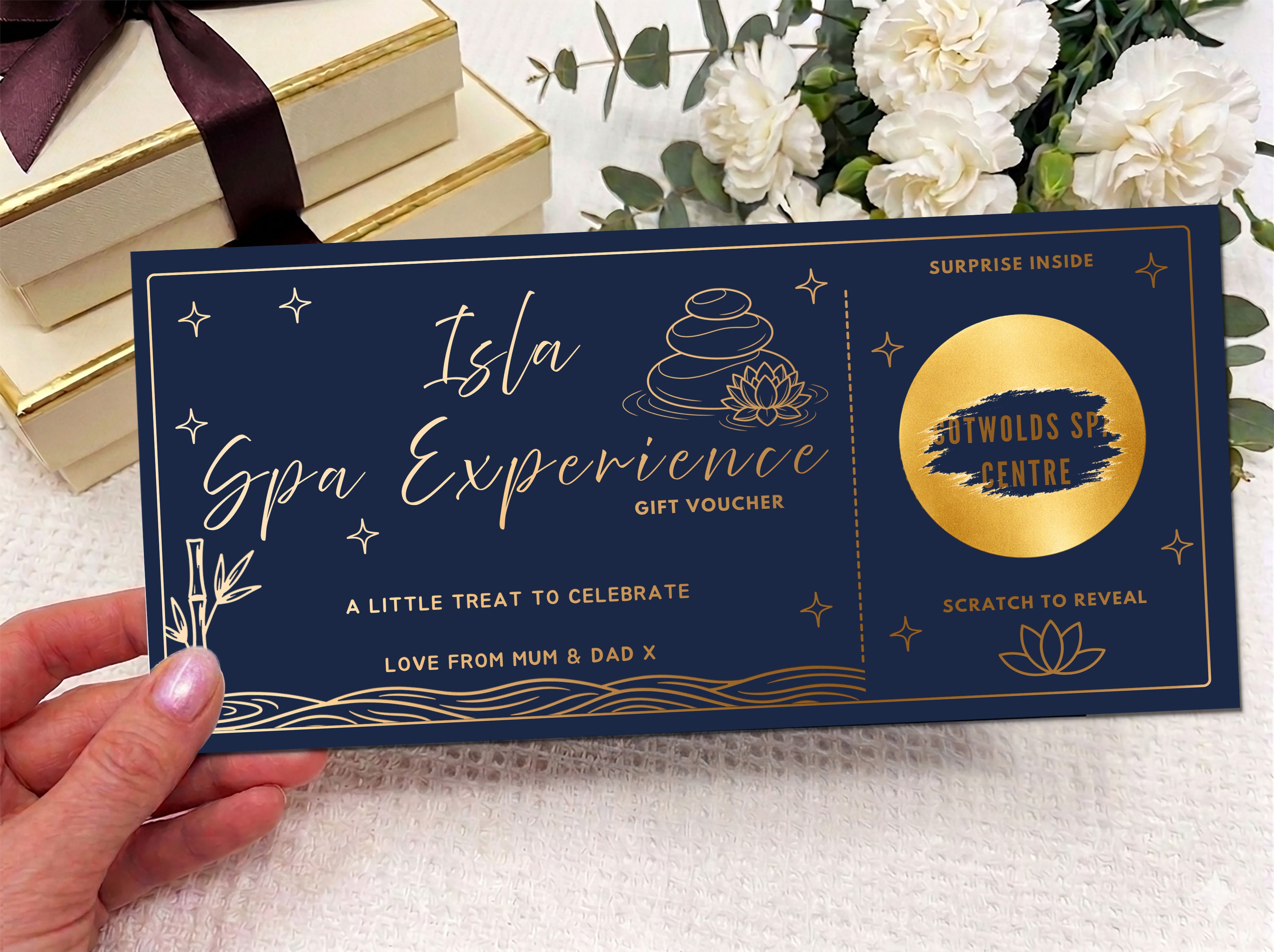 Personalised Spa & Wellness Gift Reveal Card - Luxury Gold Scratch-Off Experience Voucher