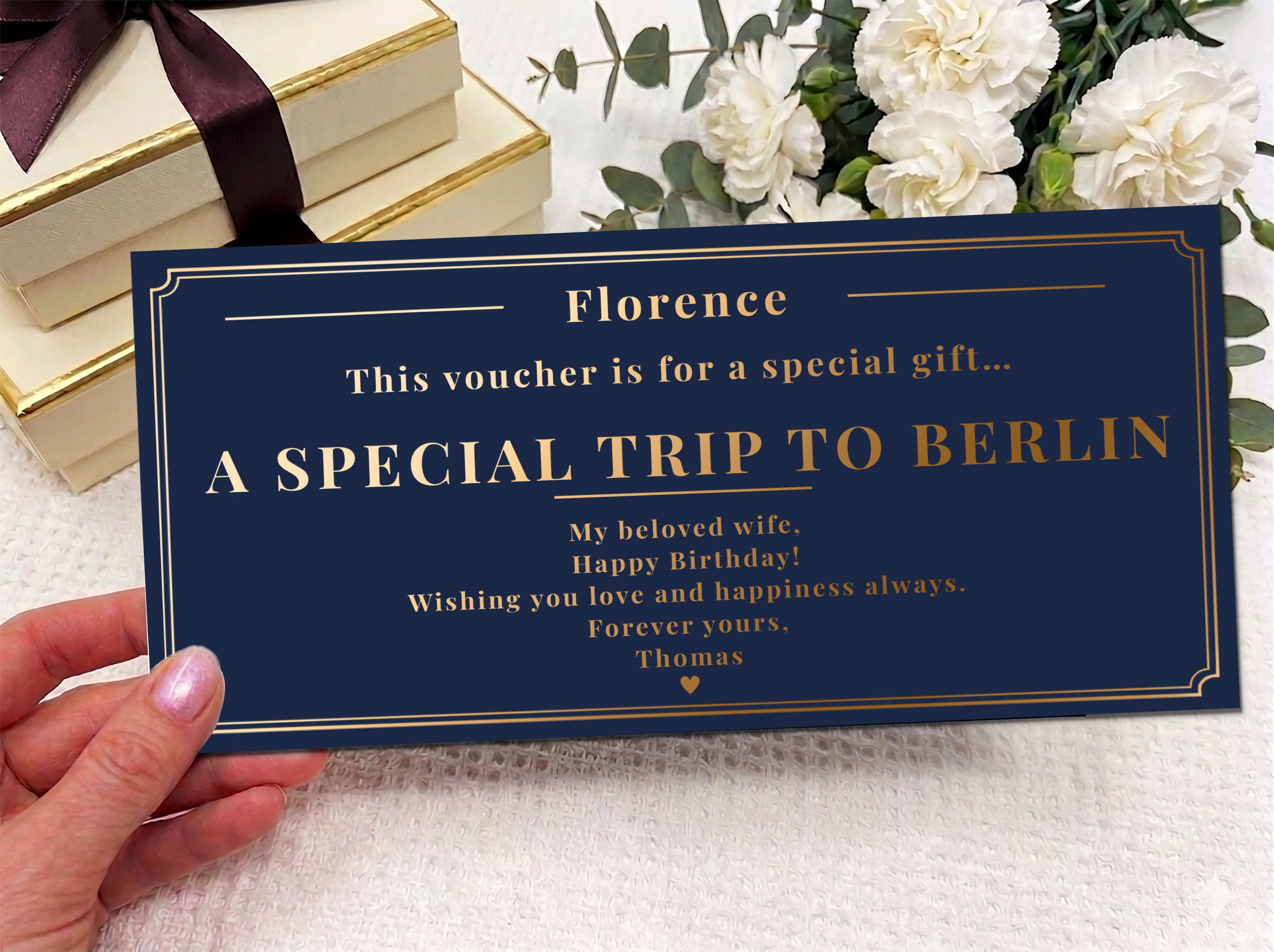 Personalised Trip Reveal Gift Card – Luxury Gold Foil Voucher, Custom Travel Surprise (Physical Card)