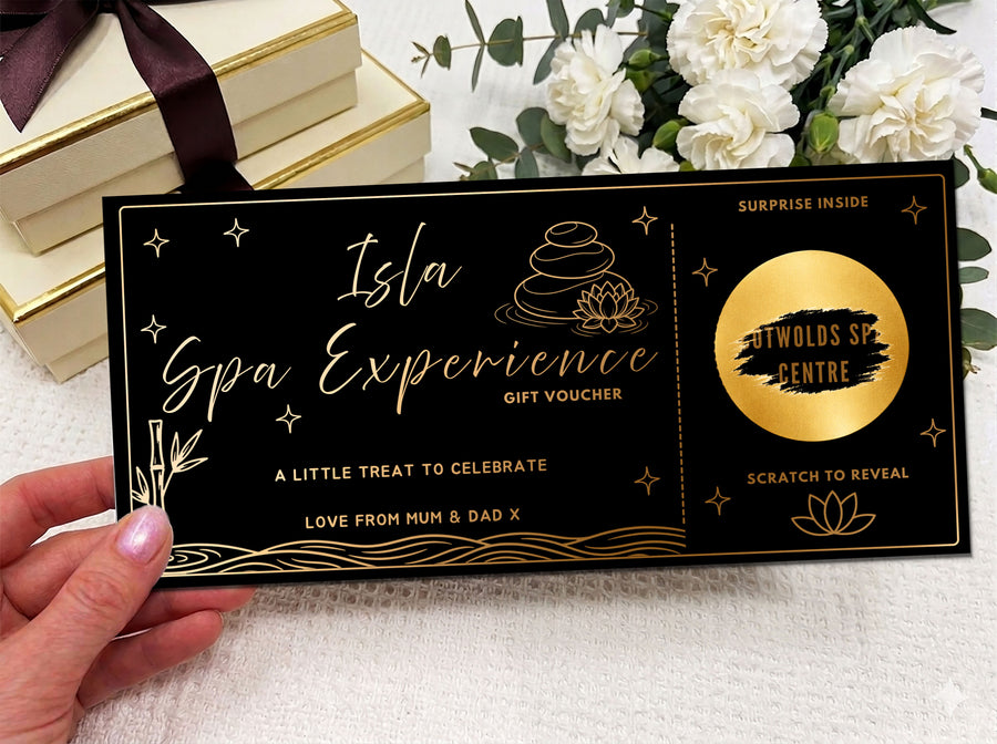 Personalised Spa & Wellness Gift Reveal Card - Luxury Gold Scratch-Off Experience Voucher