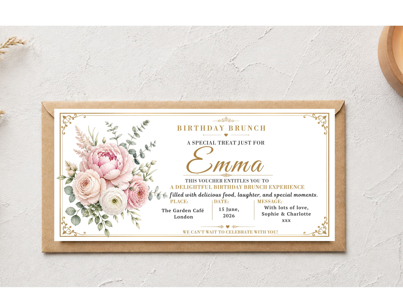 Personalised Birthday Brunch Voucher – Elegant Floral Peony Gift Card