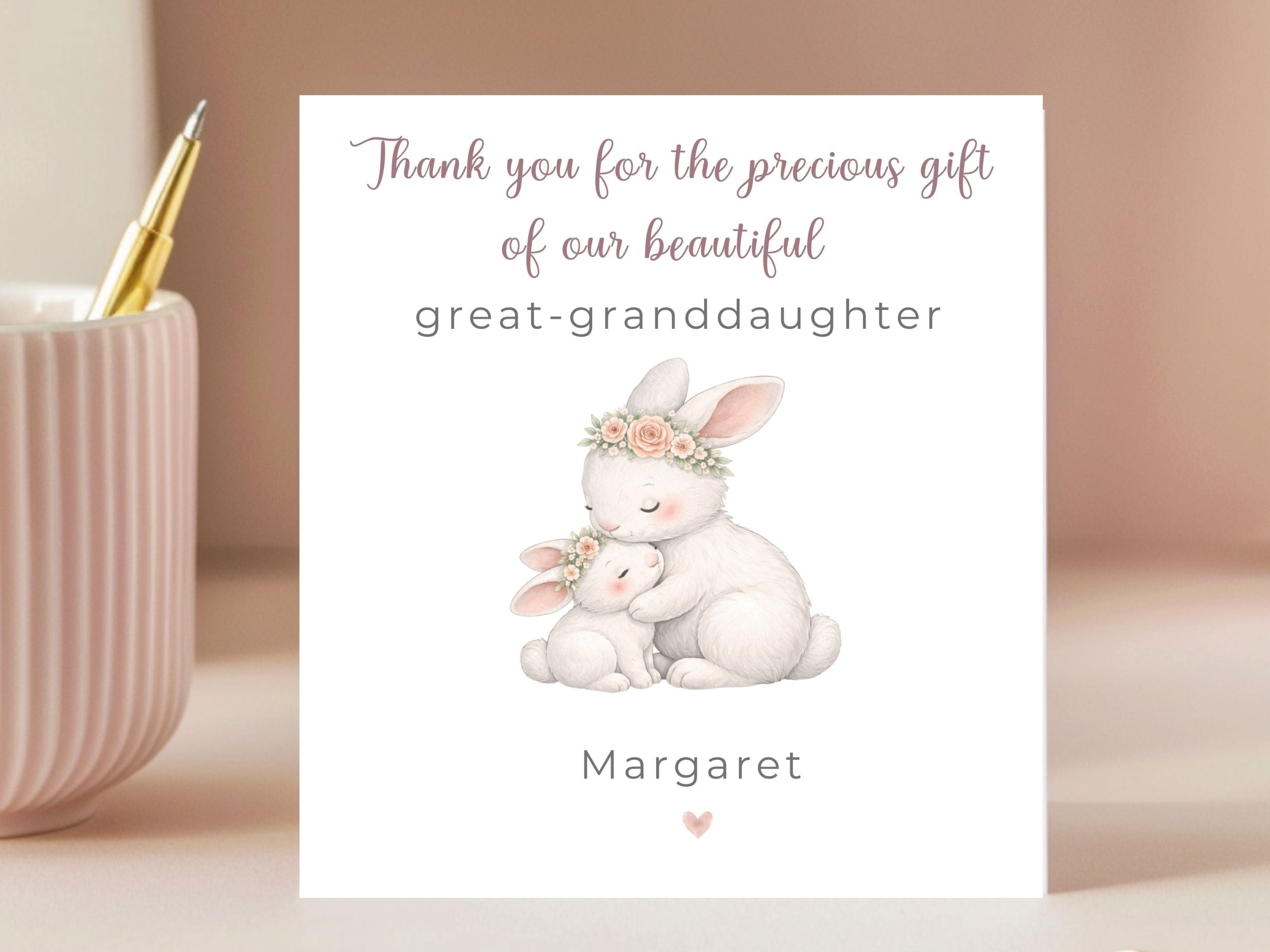 Personalised Great Granddaughter Thank You Card – New Baby Girl Bunny Card, Custom Name Newborn Keepsake, Baby Girl Greeting Card
