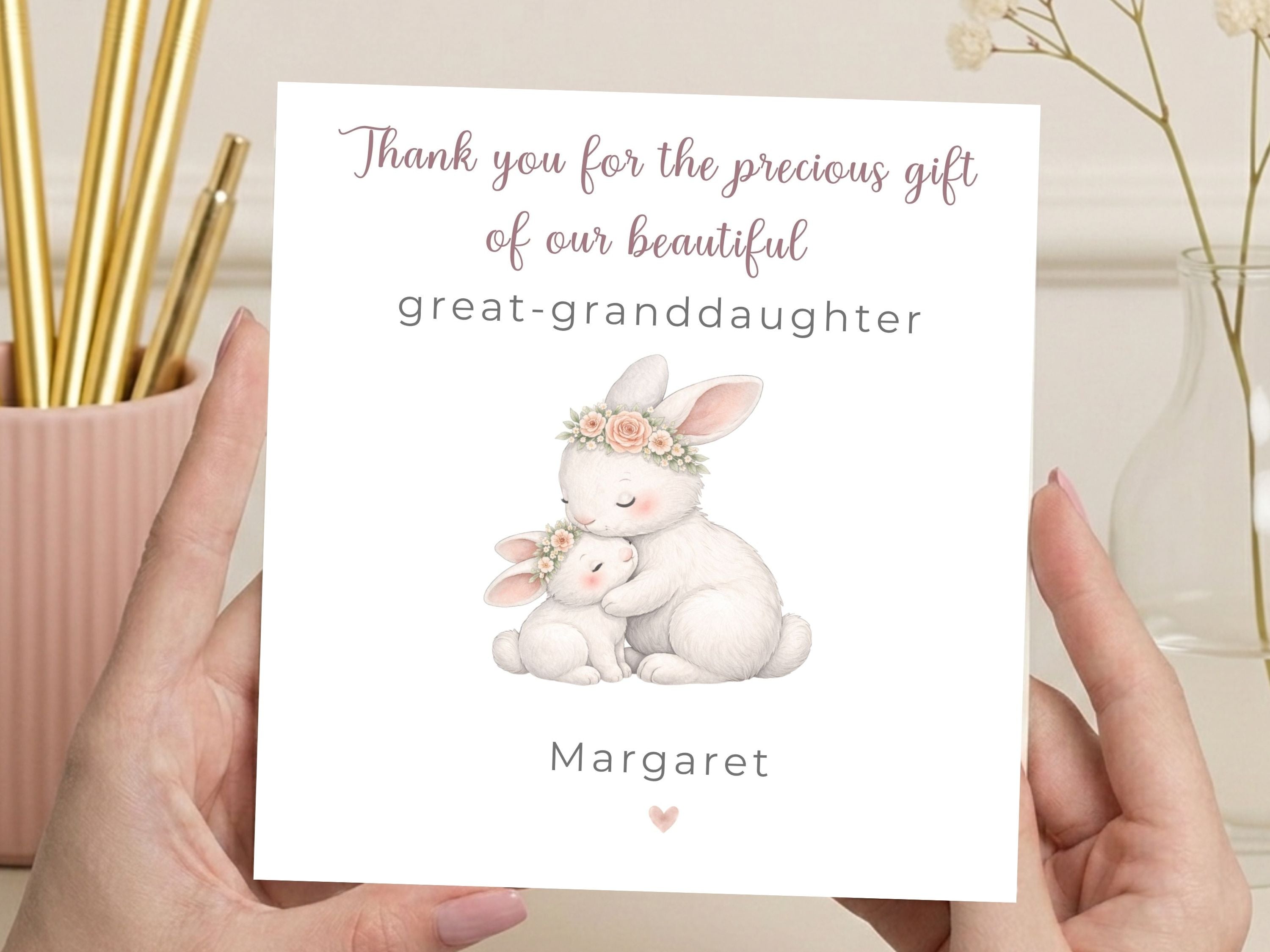 Personalised Great Granddaughter Thank You Card – New Baby Girl Bunny Card, Custom Name Newborn Keepsake, Baby Girl Greeting Card