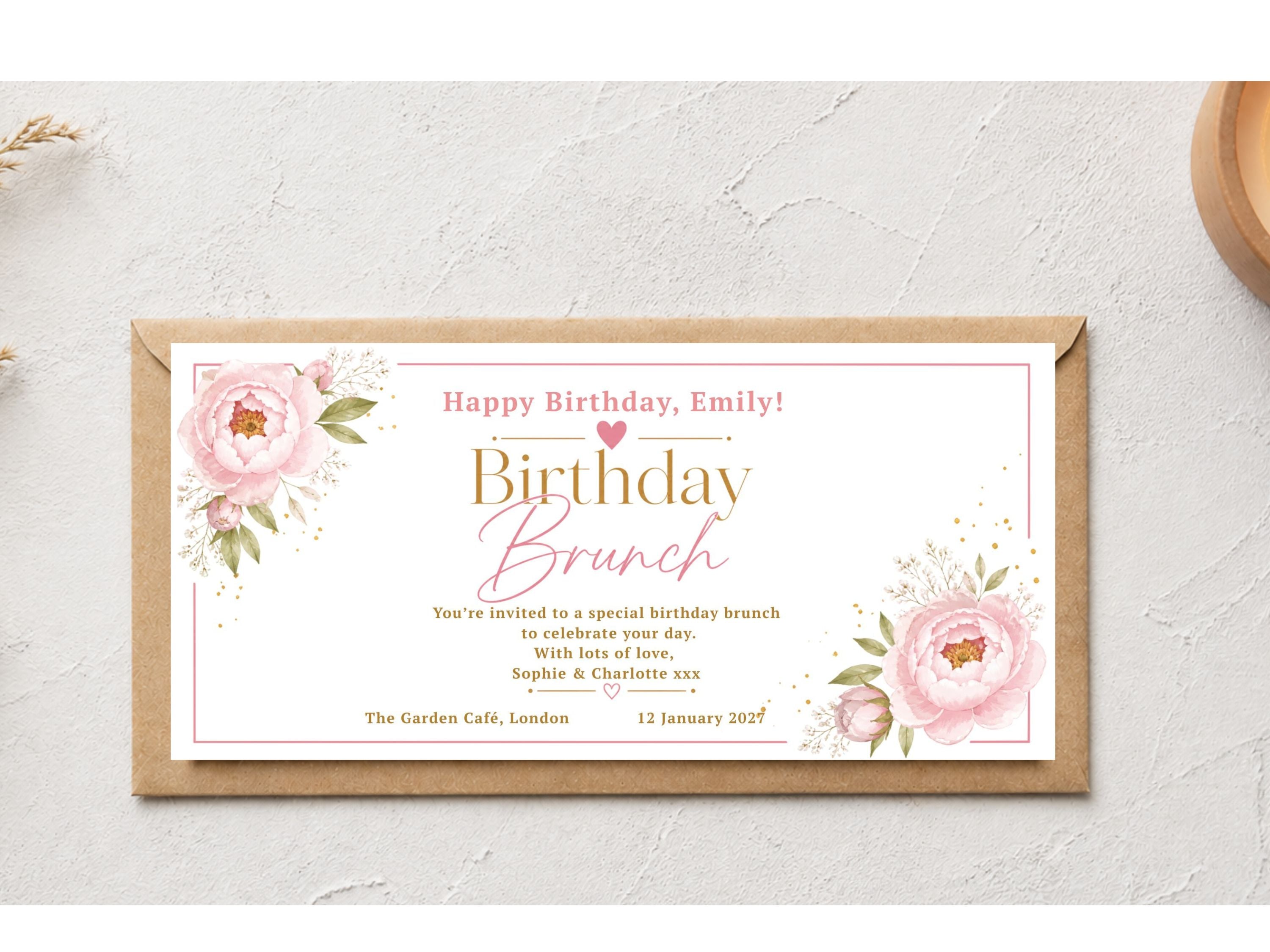 Personalised Birthday Brunch Card – Elegant Blush Pink Peony Floral Invitation