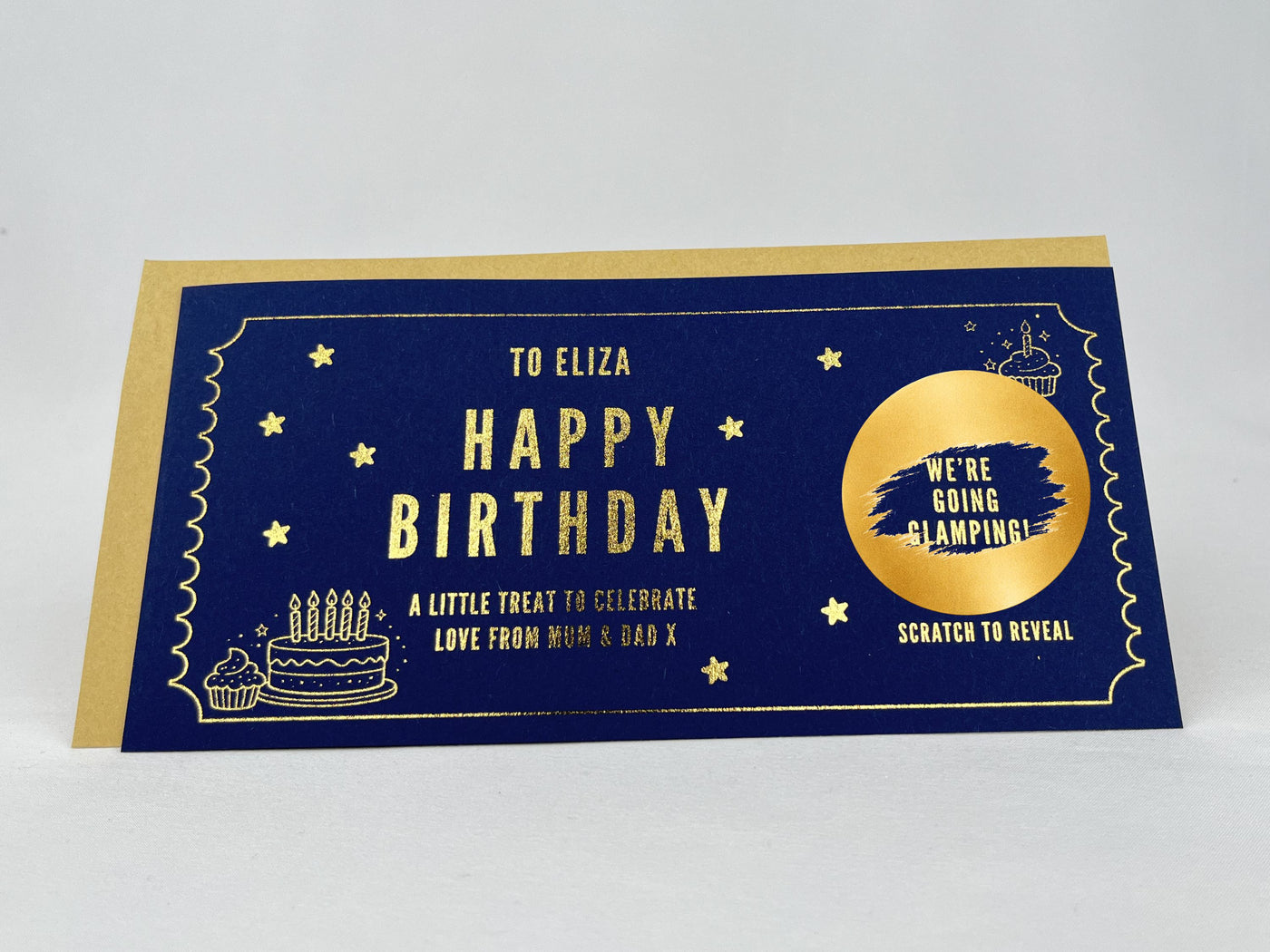 Birthday Cake Scratch Off Card, Personalised Surprise Voucher Gift with Cupcake Design