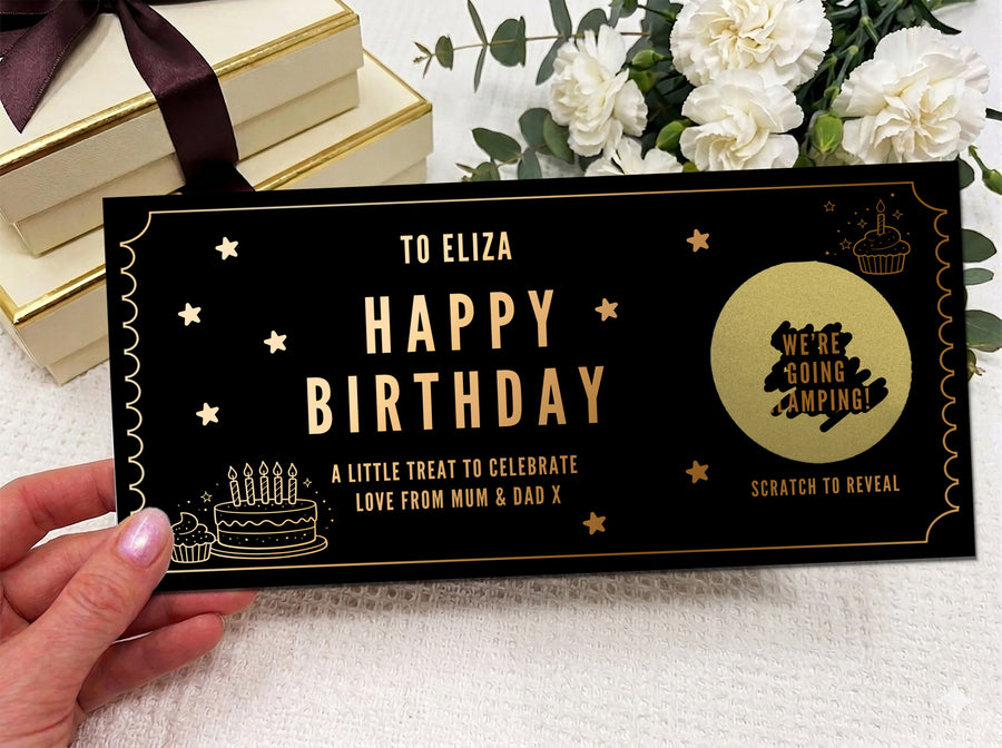 Birthday Cake Scratch Off Card, Personalised Surprise Voucher Gift with Cupcake Design