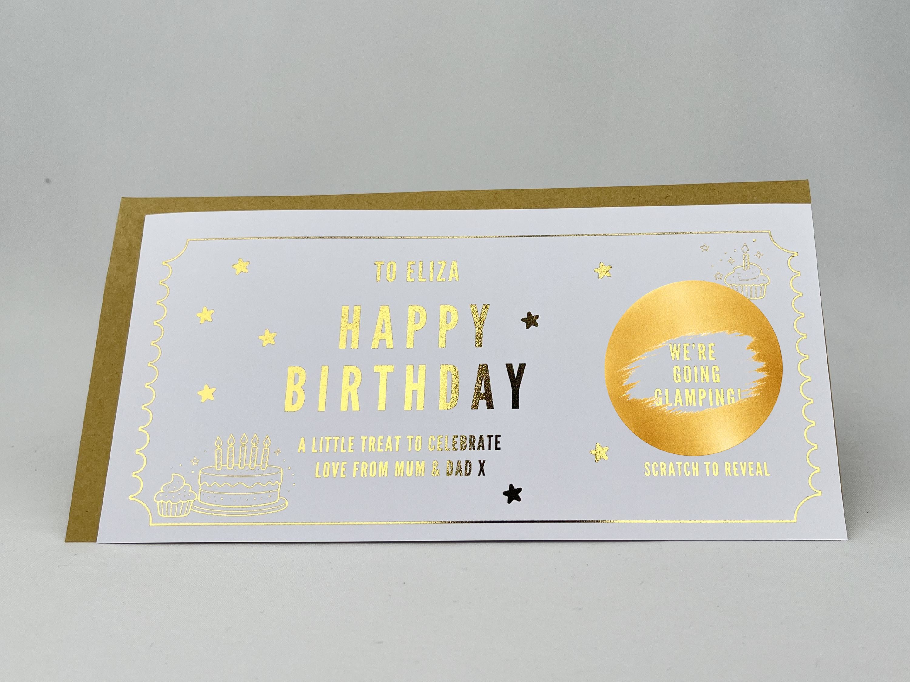 Birthday Cake Scratch Off Card, Personalised Surprise Voucher Gift with Cupcake Design