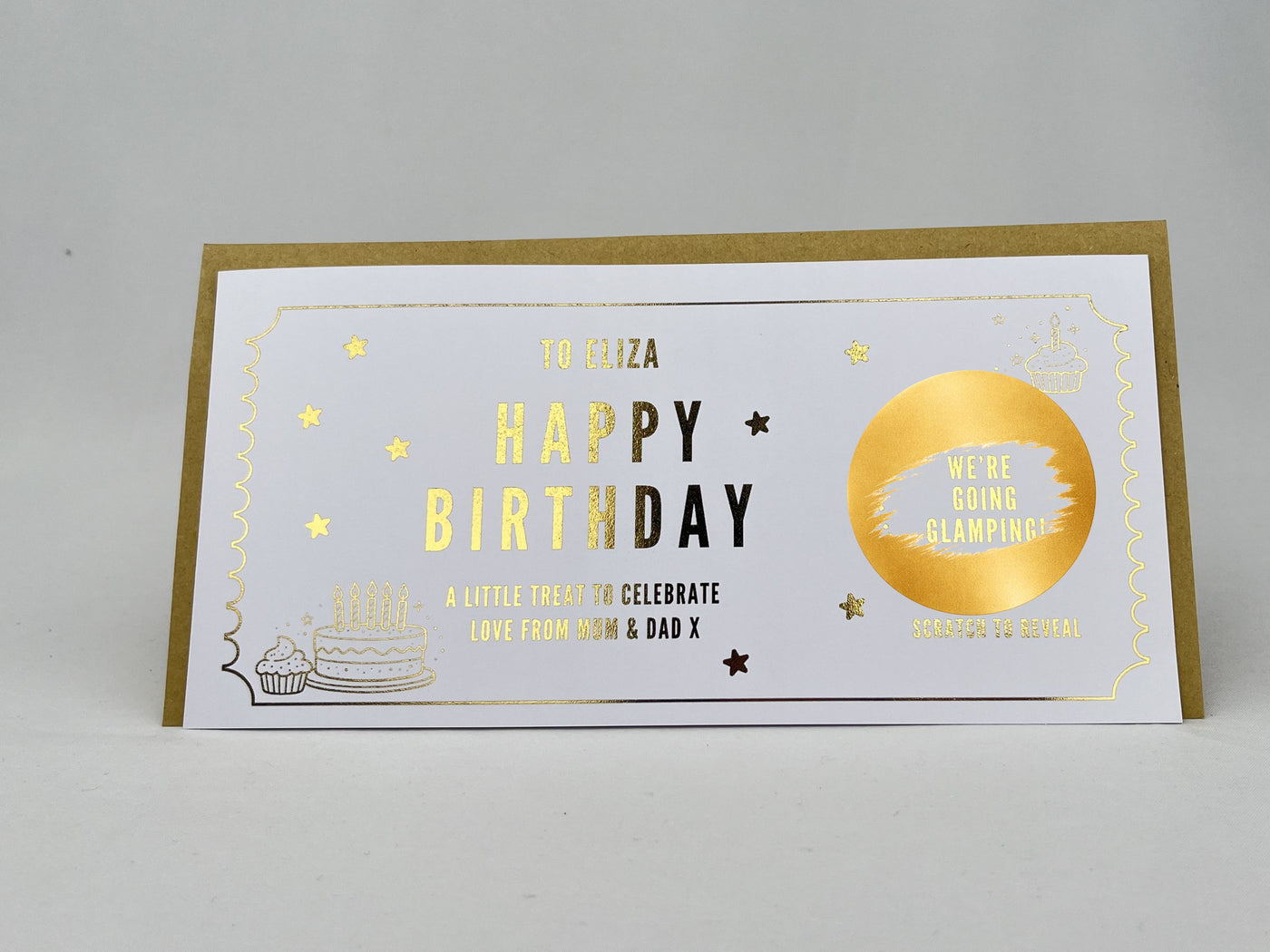 Birthday Cake Scratch Off Card, Personalised Surprise Voucher Gift with Cupcake Design