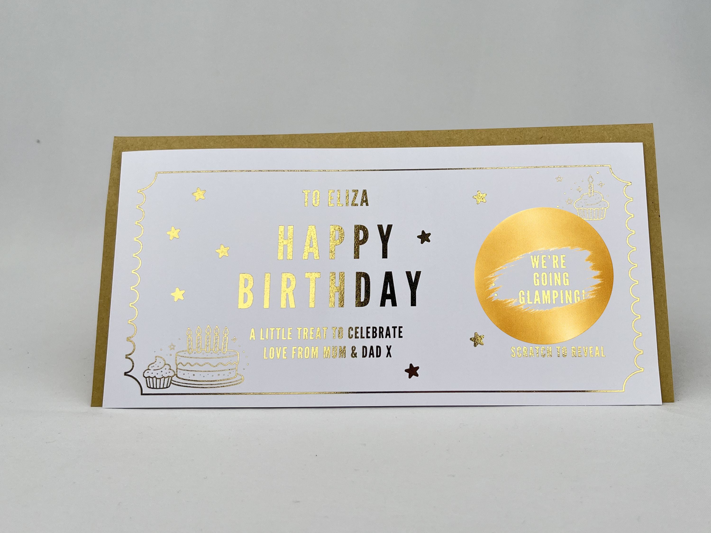 Birthday Cake Scratch Off Card, Personalised Surprise Voucher Gift with Cupcake Design
