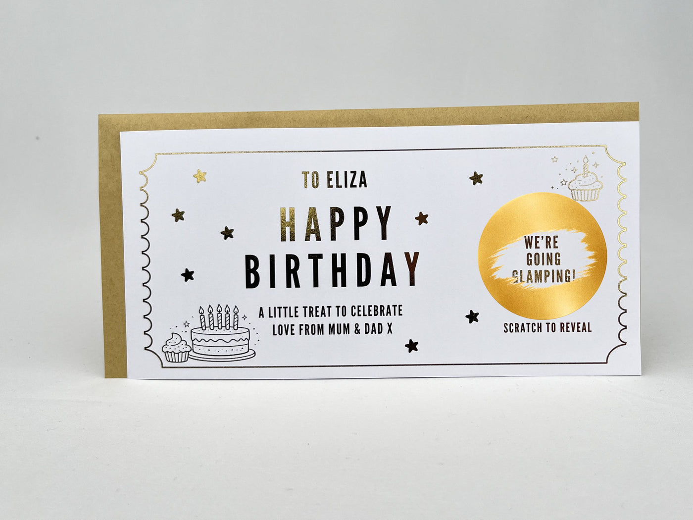 Birthday Cake Scratch Off Card, Personalised Surprise Voucher Gift with Cupcake Design