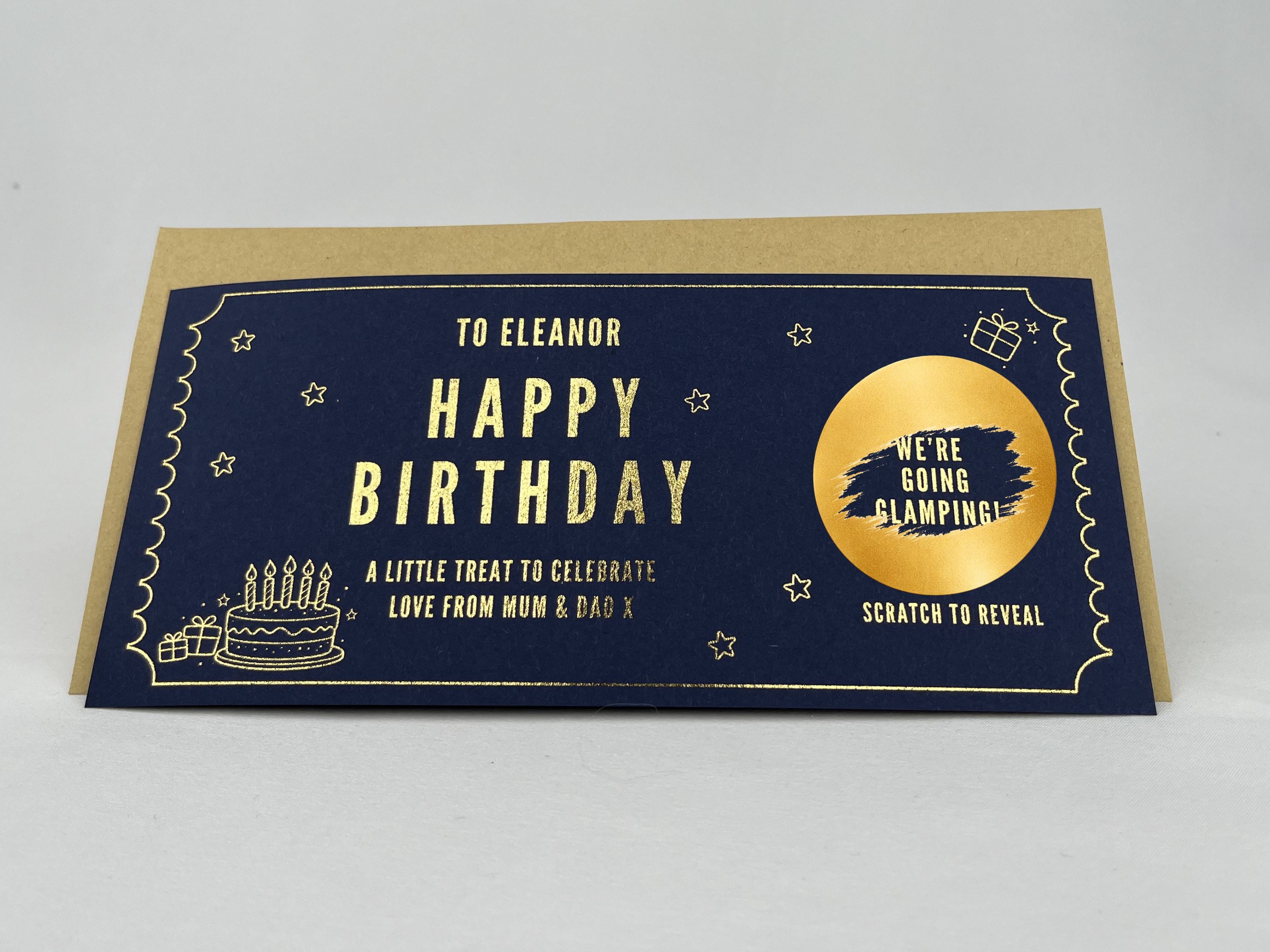 Birthday Cake and Gifts Scratch Off Card, Personalised Surprise Voucher Gift